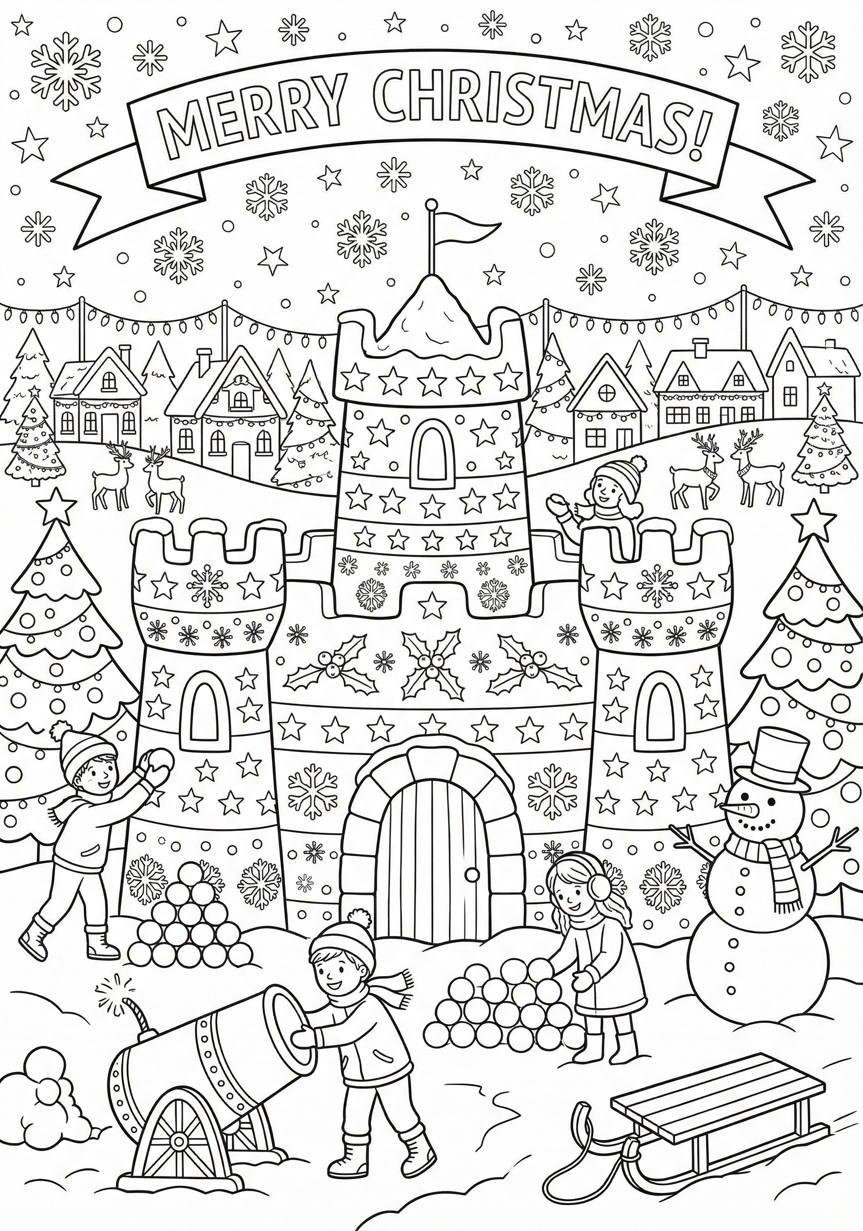 Detailed snow fort Christmas coloring page for kids age 9-10