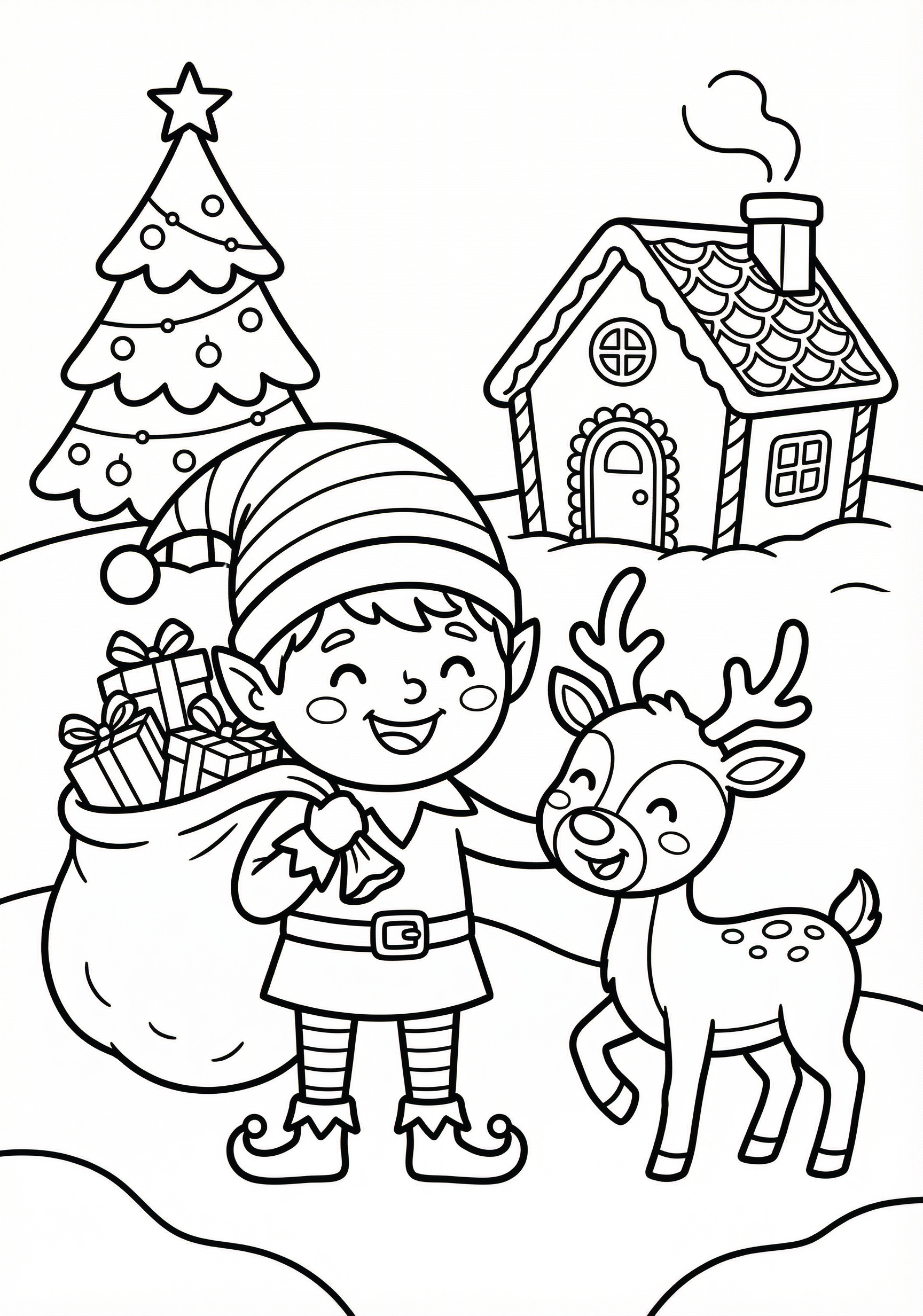 Elf with toy Christmas coloring page for kids age 6-8