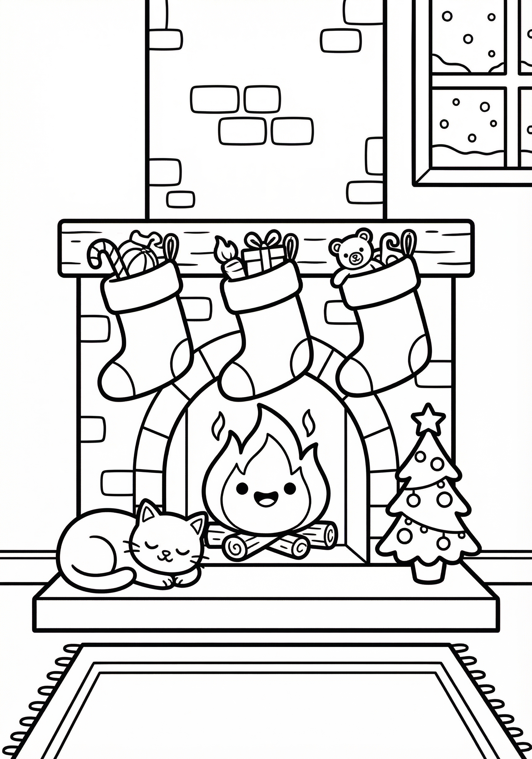 Fireplace and stocking Christmas coloring page for kids age 6-8