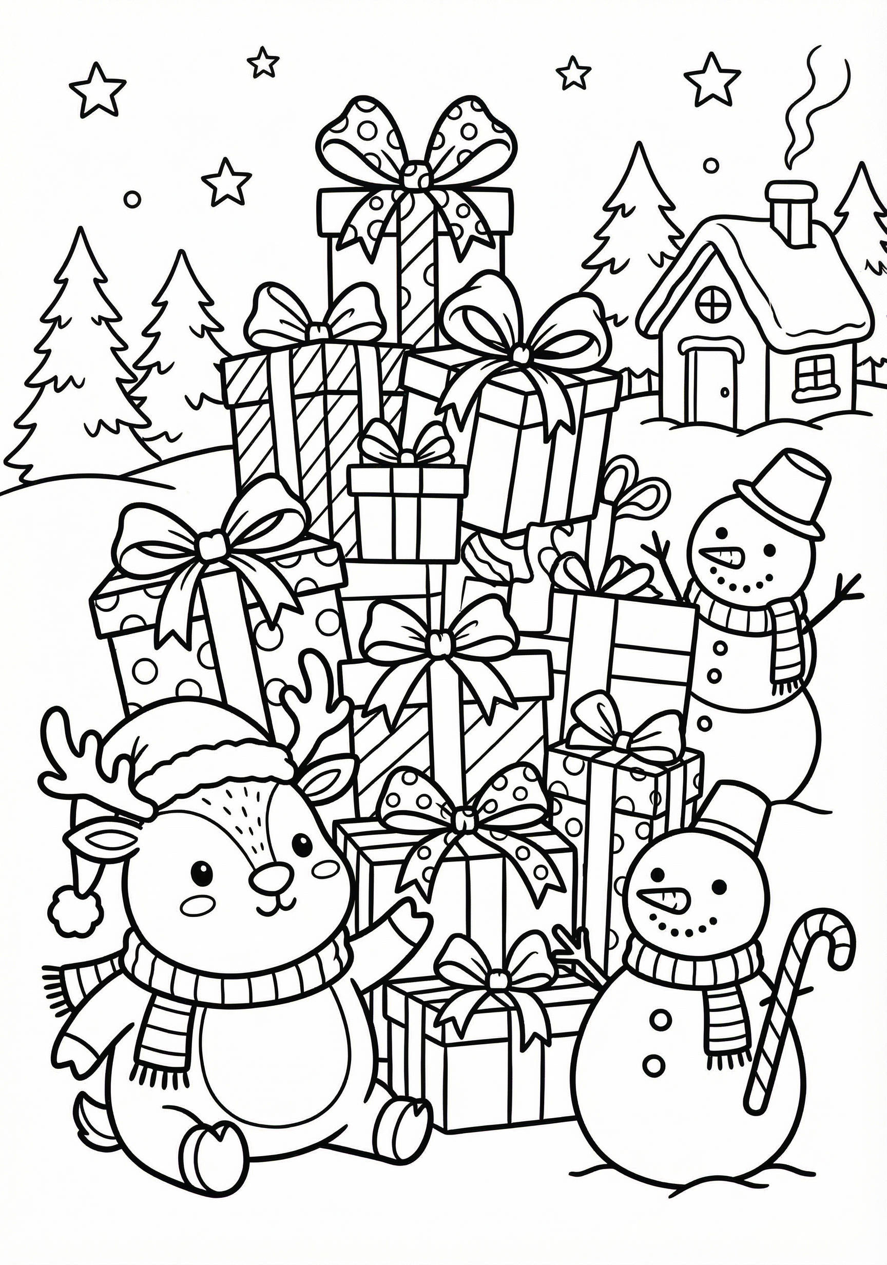 Gift pile with ribbon Christmas coloring page for kids age 6-8