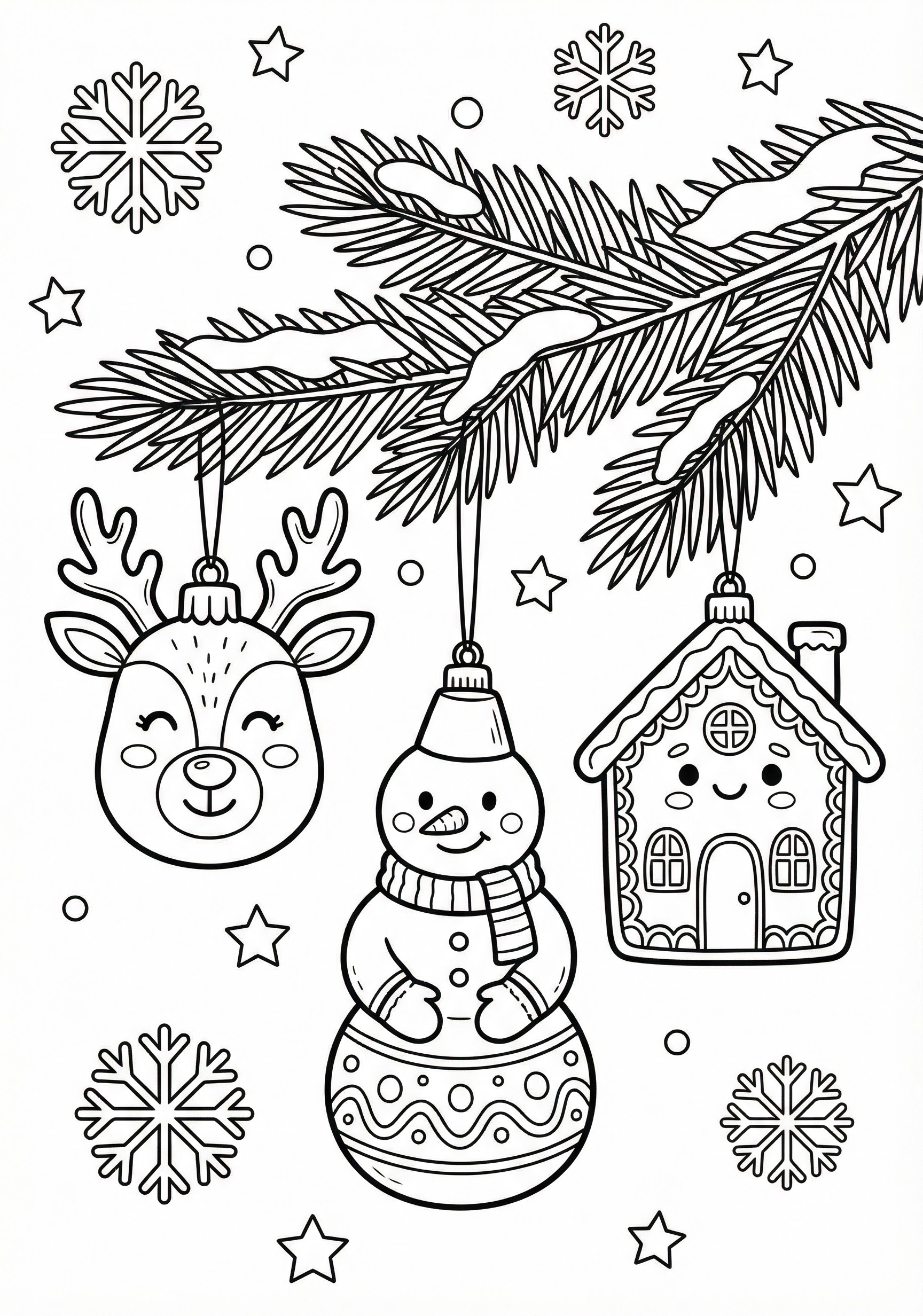 Christmas ornaments on branch coloring page for kids age 6-8