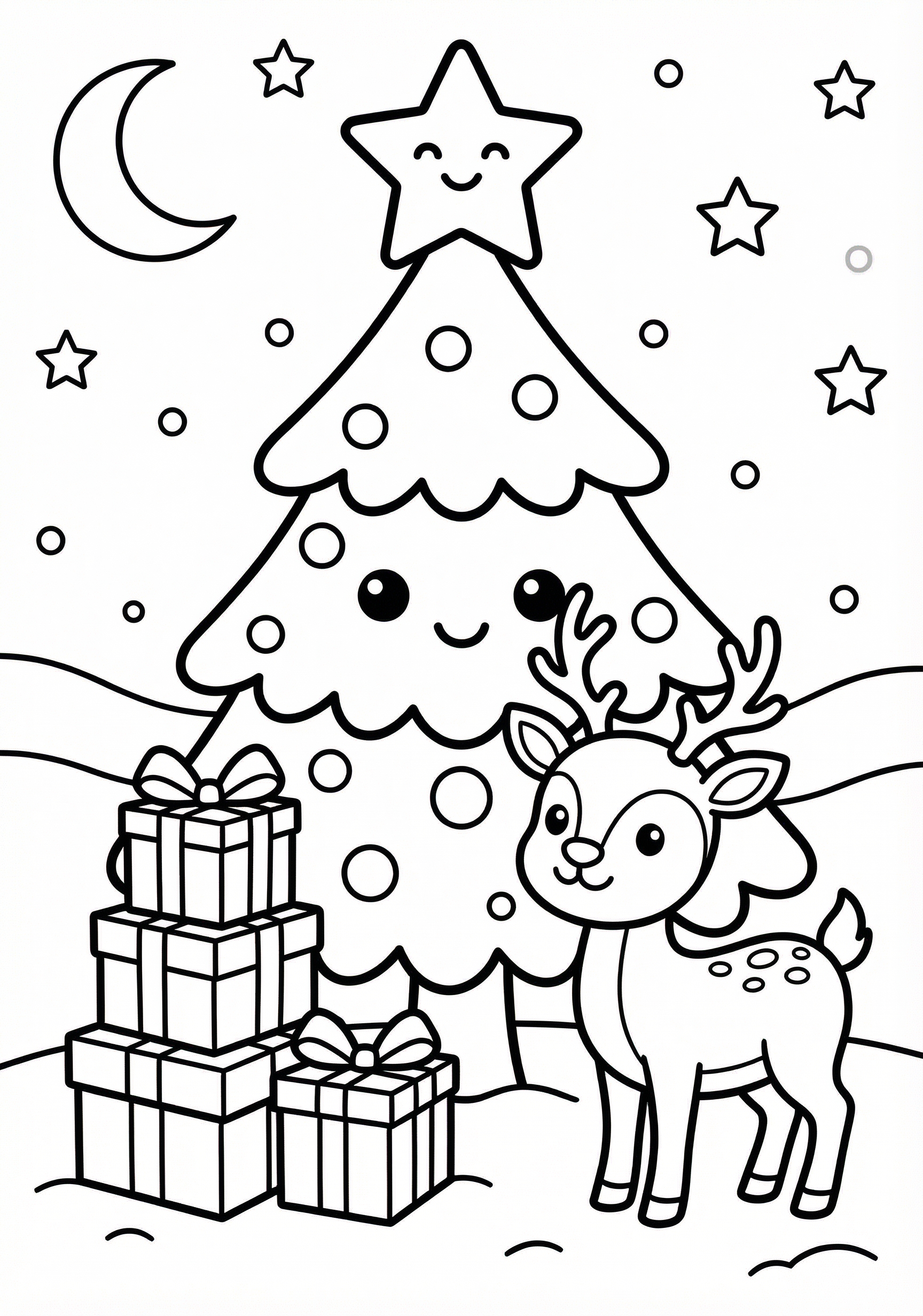 Christmas tree with star coloring page for kids age 6-8