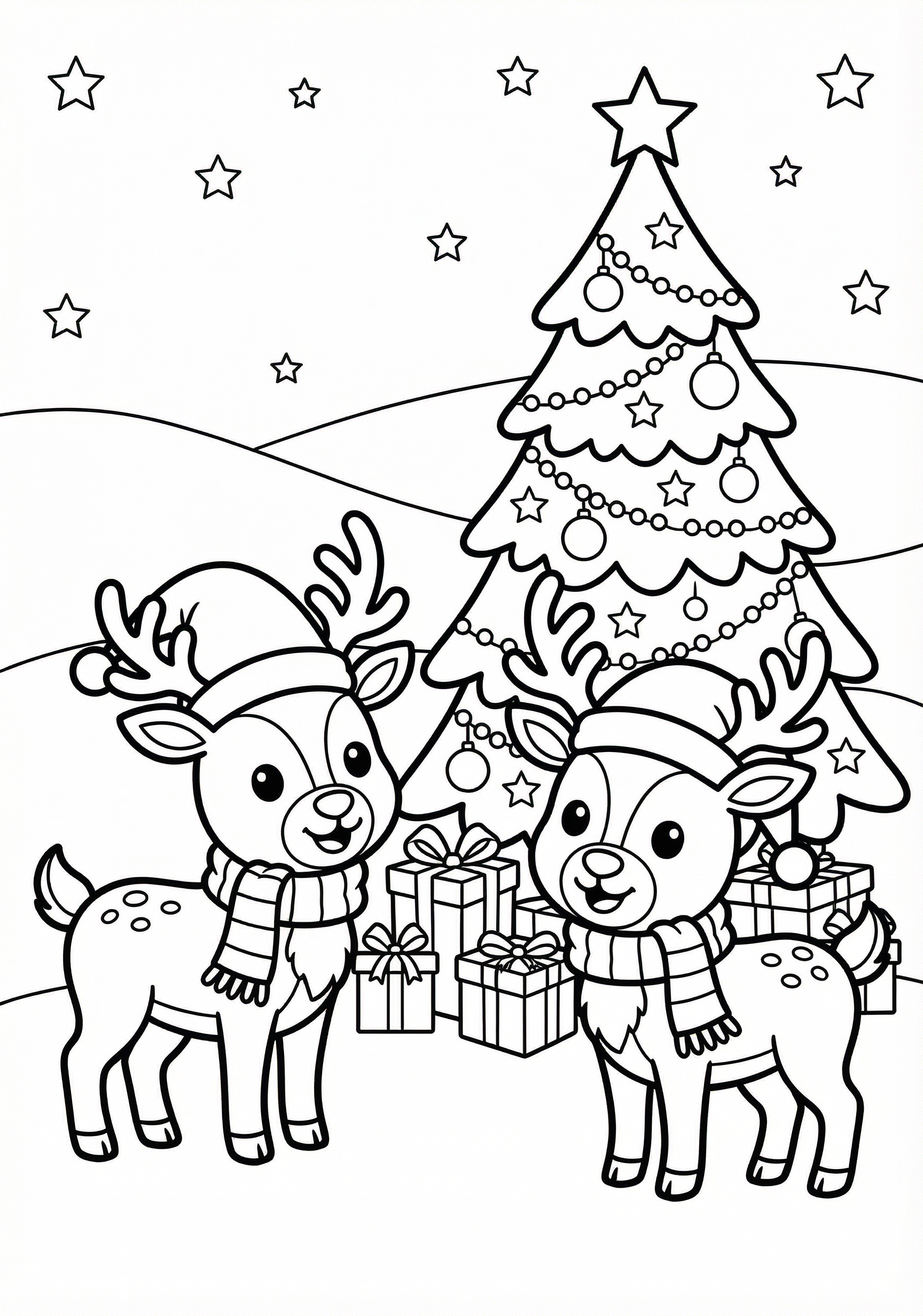 Two reindeer Christmas coloring page for kids age 6-8