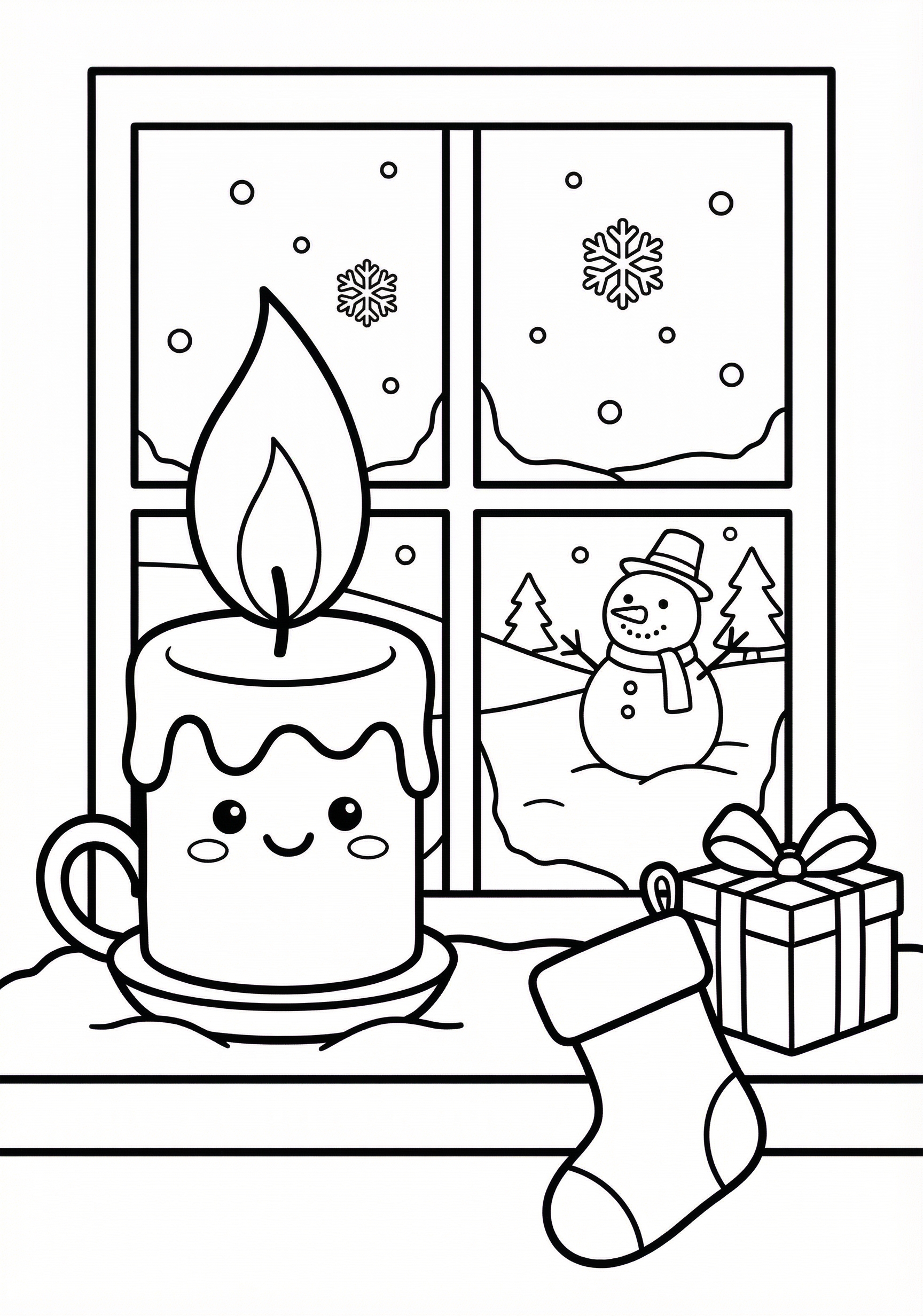 Snowy window and candle Christmas coloring page for kids age 6-8