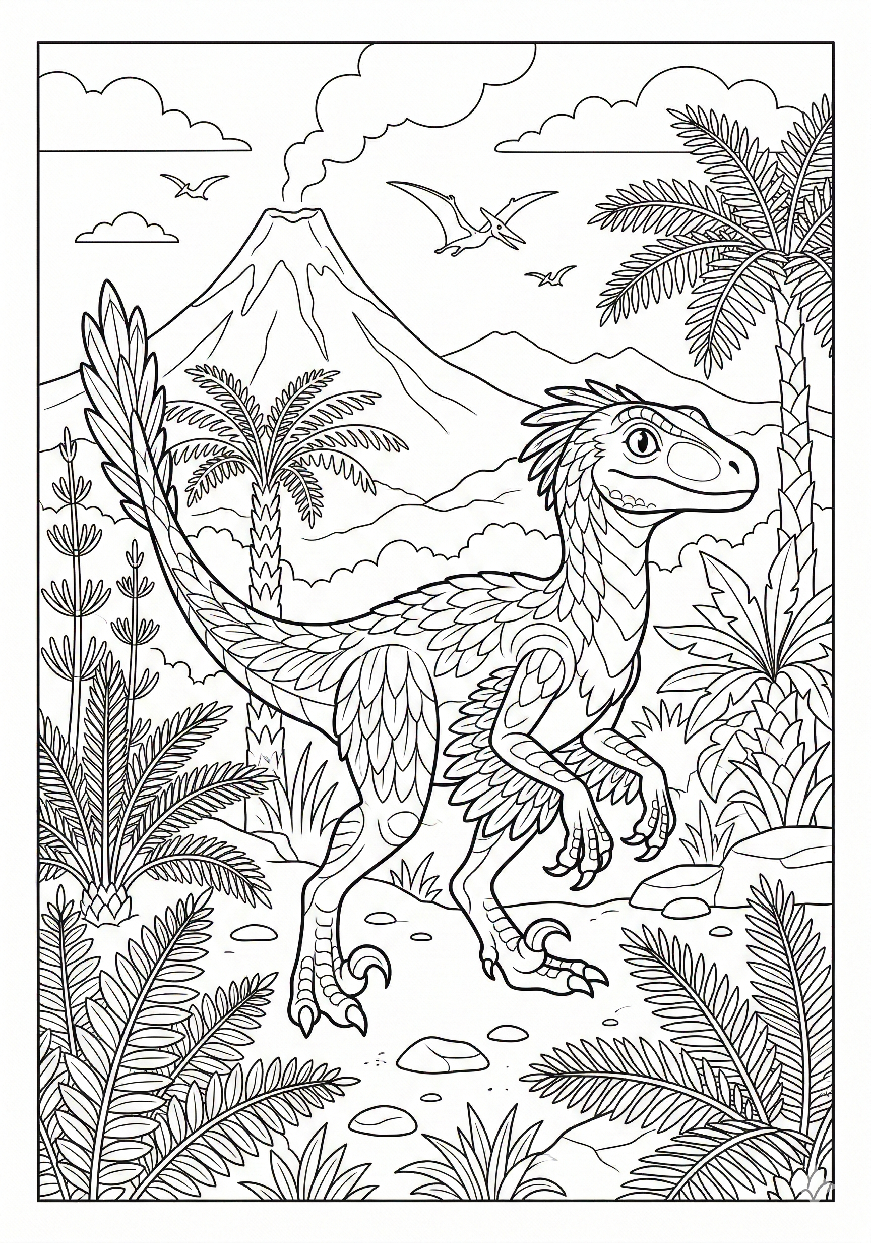 Detailed Velociraptor in prehistoric jungle dinosaur coloring page for kids age 9-10