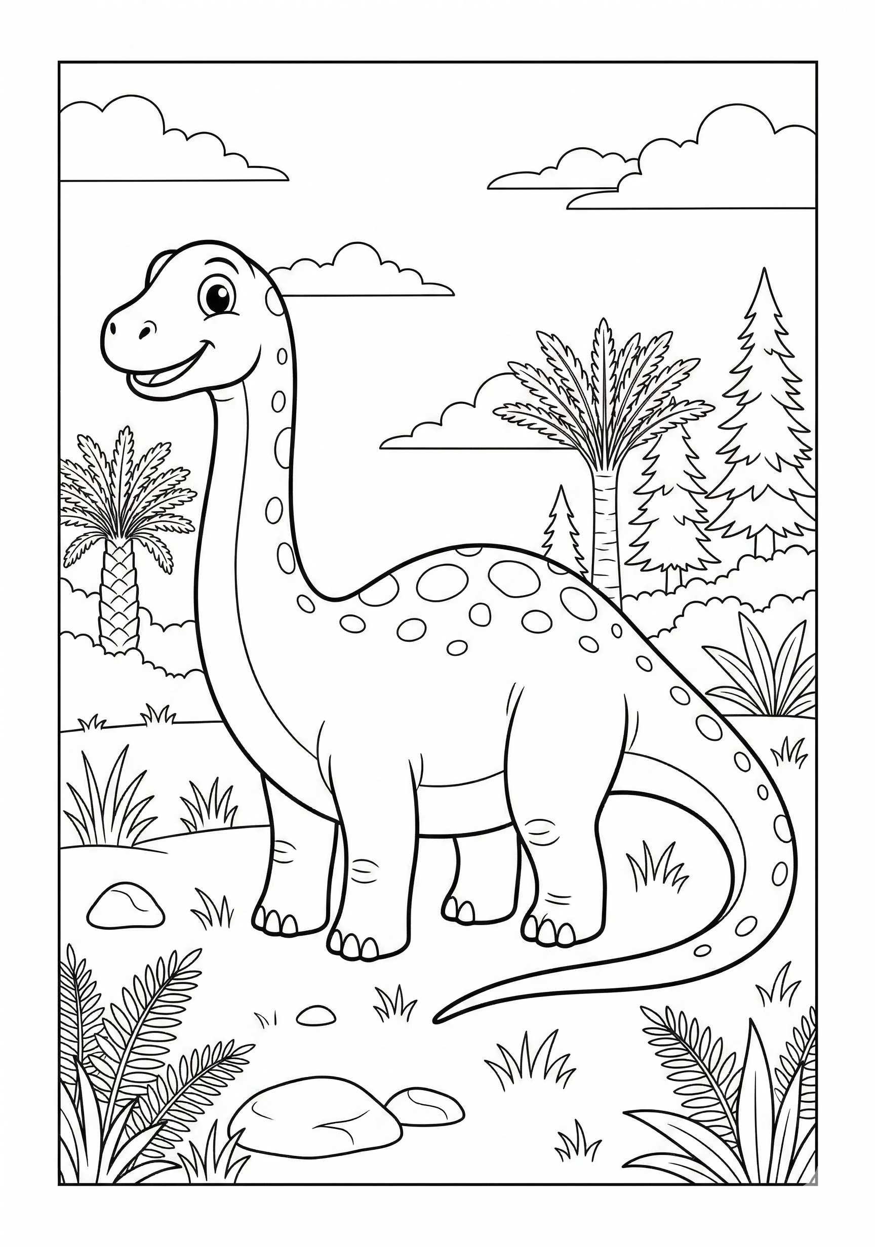 Diplodocus in meadow dinosaur coloring page for kids age 6-8