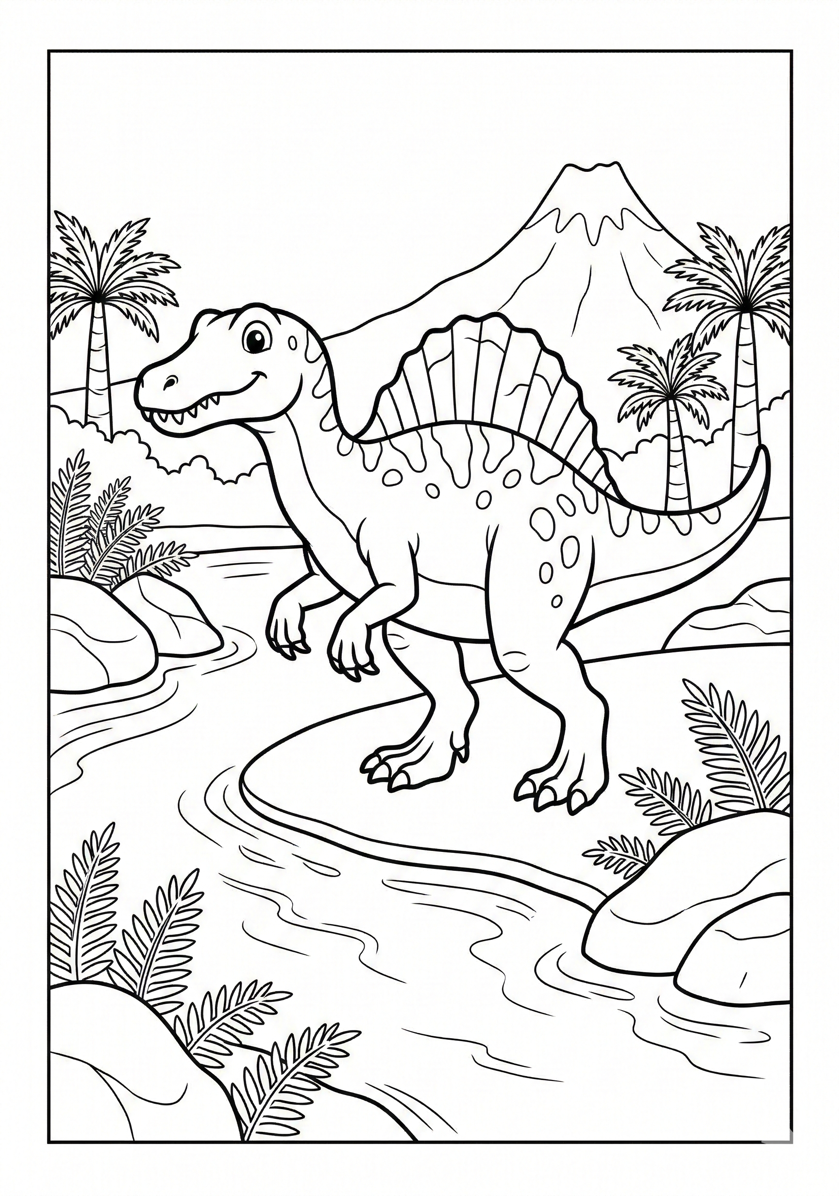 Spinosaurus by river dinosaur coloring page for kids age 6-8