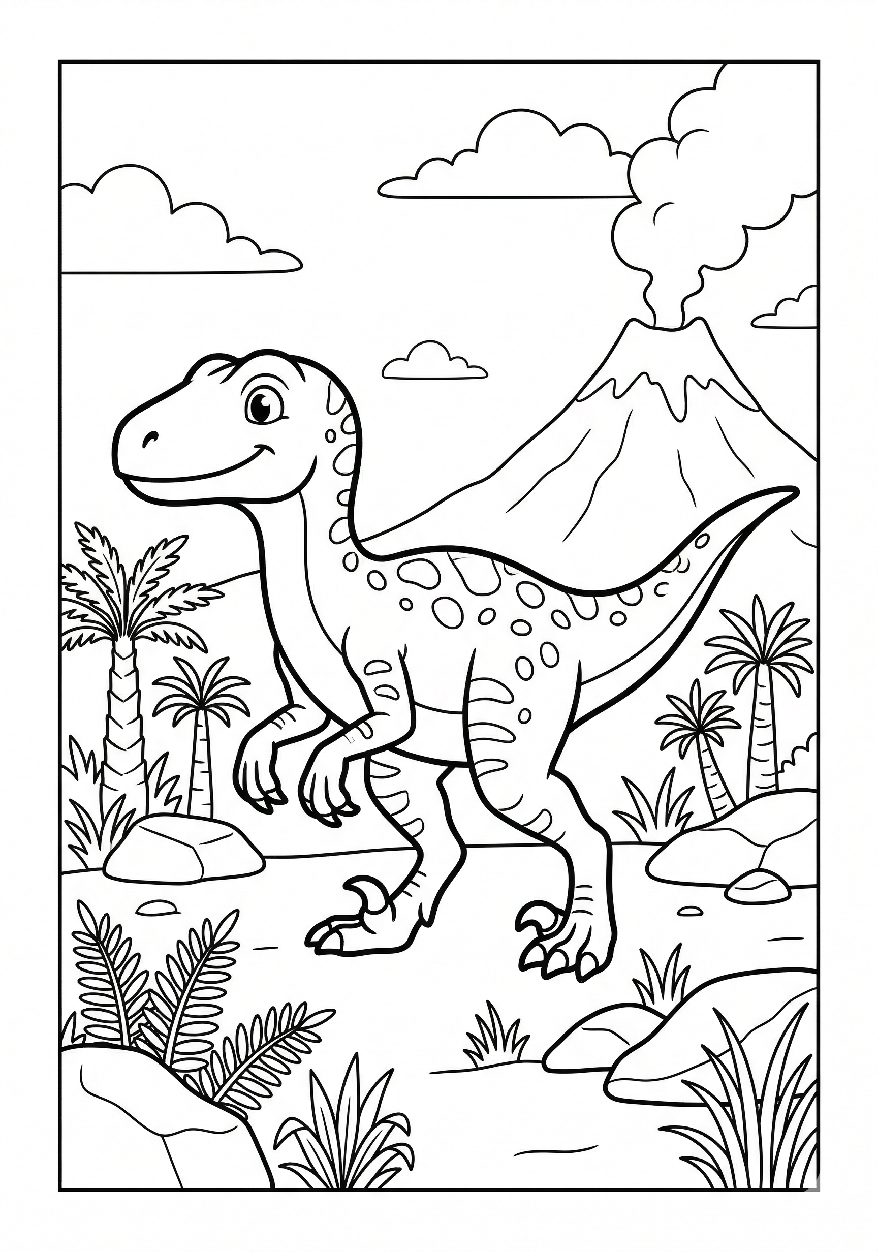 Velociraptor in prehistoric scene dinosaur coloring page for kids age 6-8