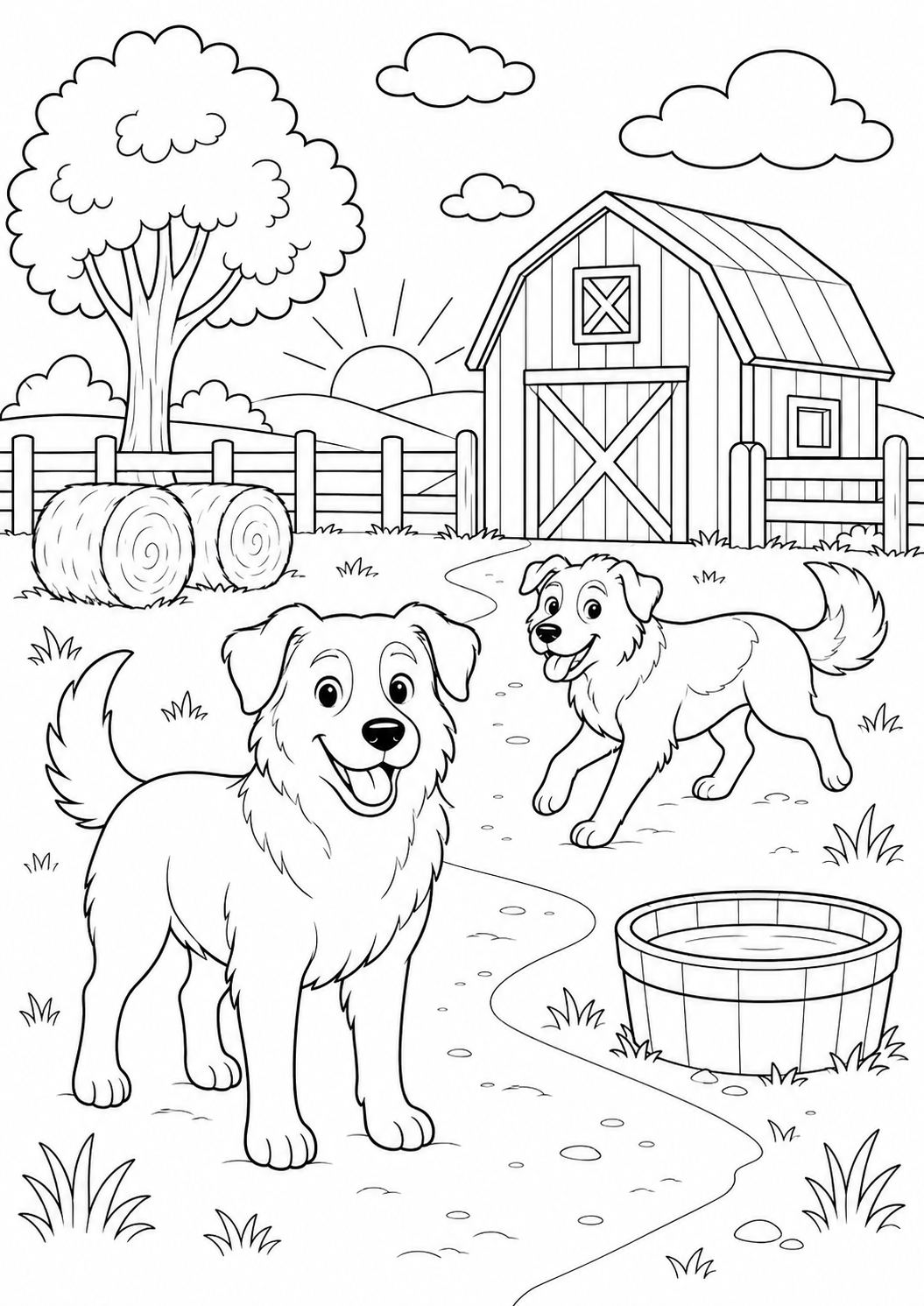 Moderately detailed farm dogs in a morning farmyard printable coloring page for kids ages 9-10
