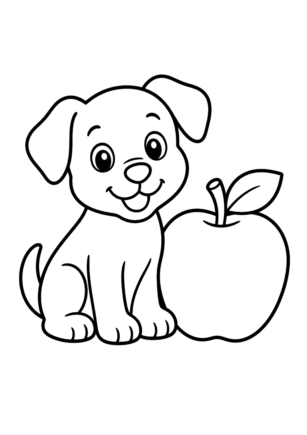 Simple puppy with an apple printable coloring page for kids ages 3-5