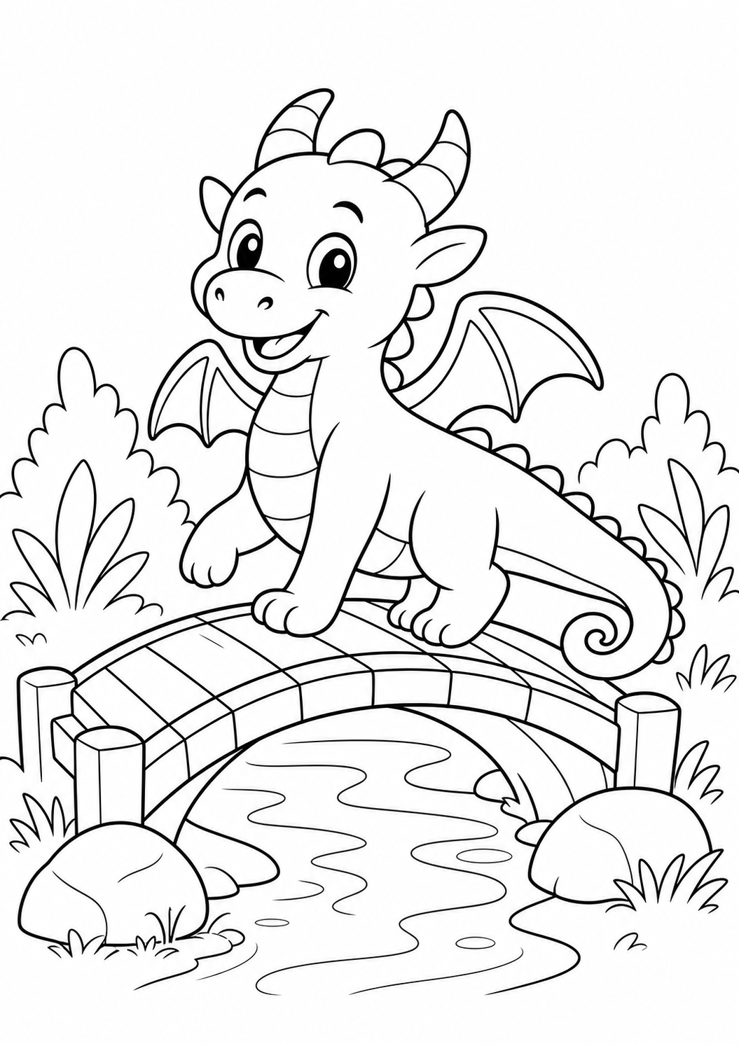 dragon on bridge printable dragon coloring page for kids ages 6-8