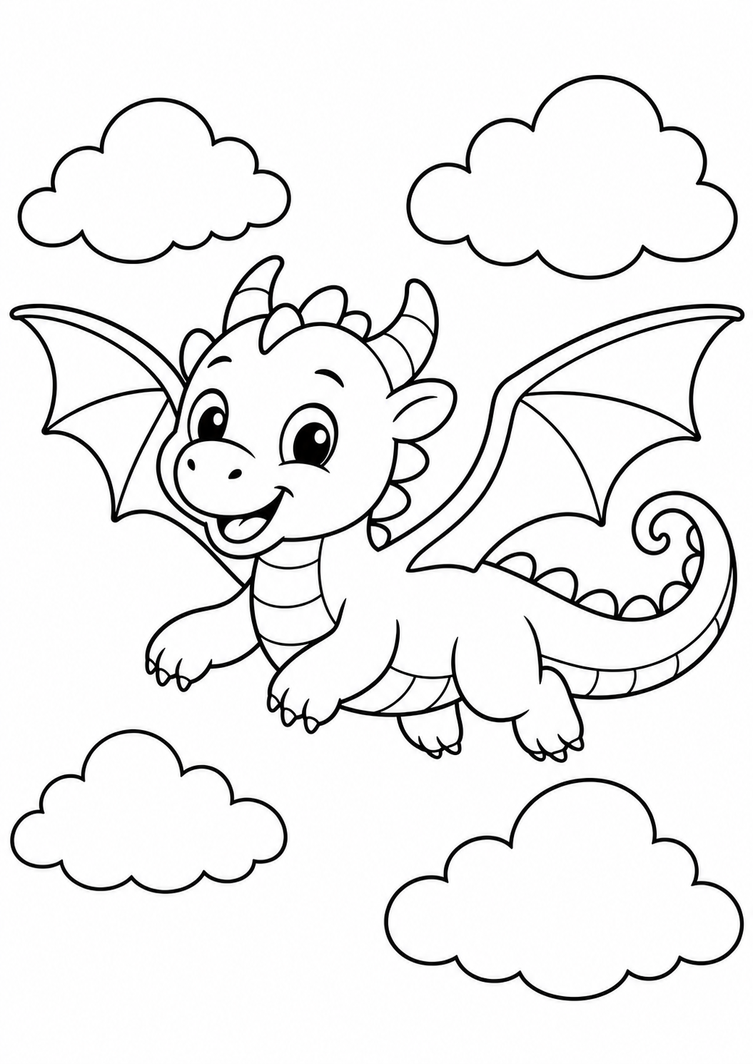 dragon flying through clouds printable dragon coloring page for kids ages 6-8