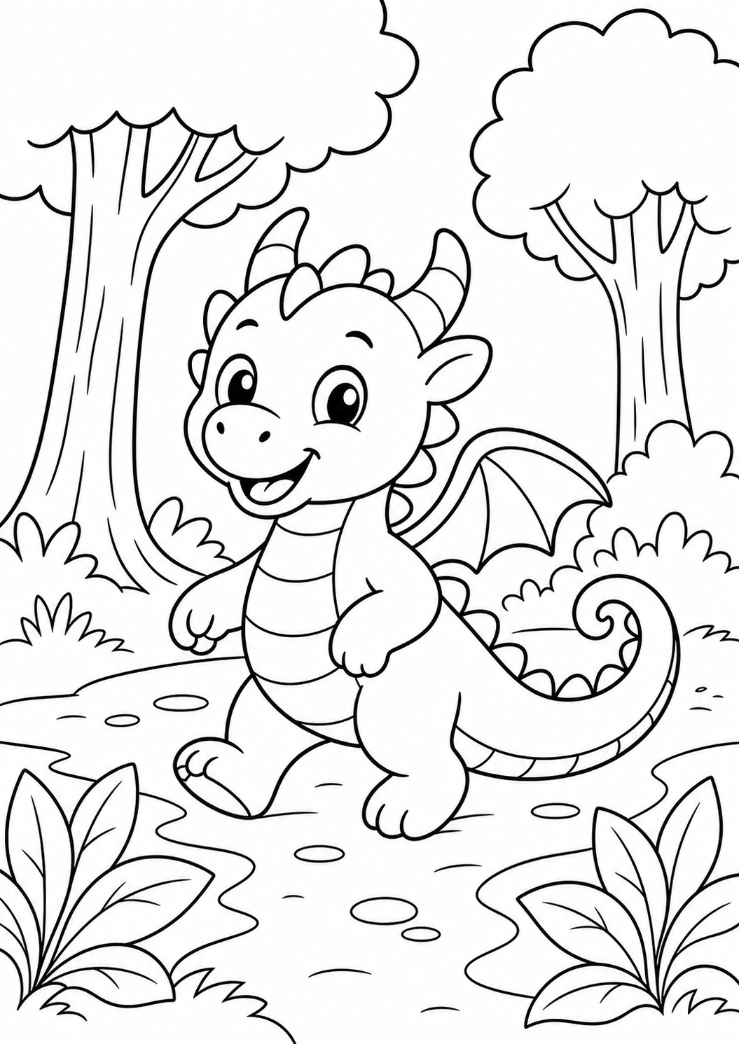dragon in forest printable dragon coloring page for kids ages 6-8