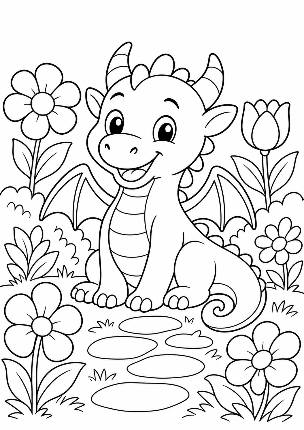 dragon in garden printable dragon coloring page for kids ages 6-8