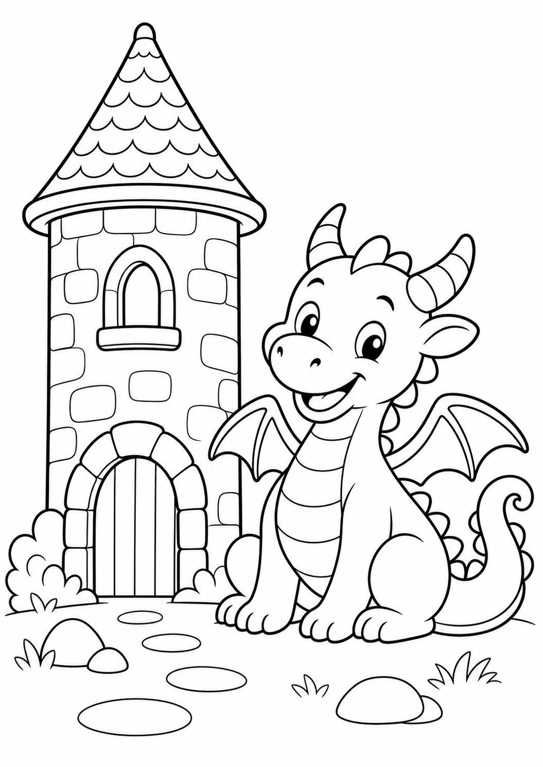 dragon near tower printable dragon coloring page for kids ages 6-8