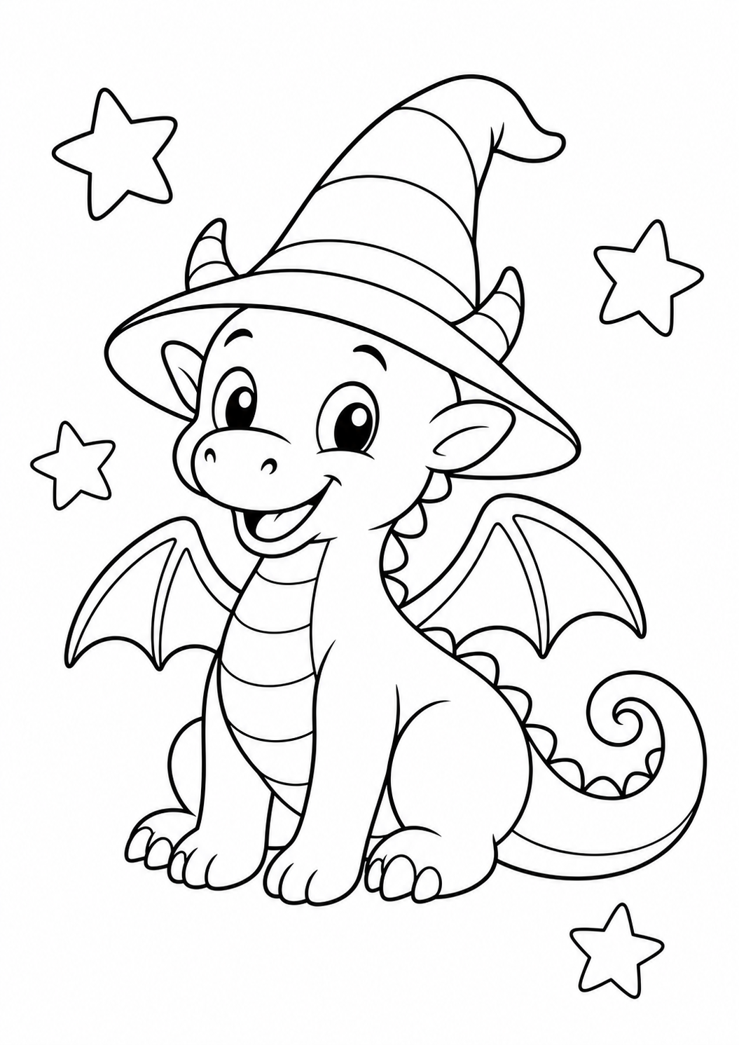 dragon with wizard hat printable dragon coloring page for kids ages 6-8