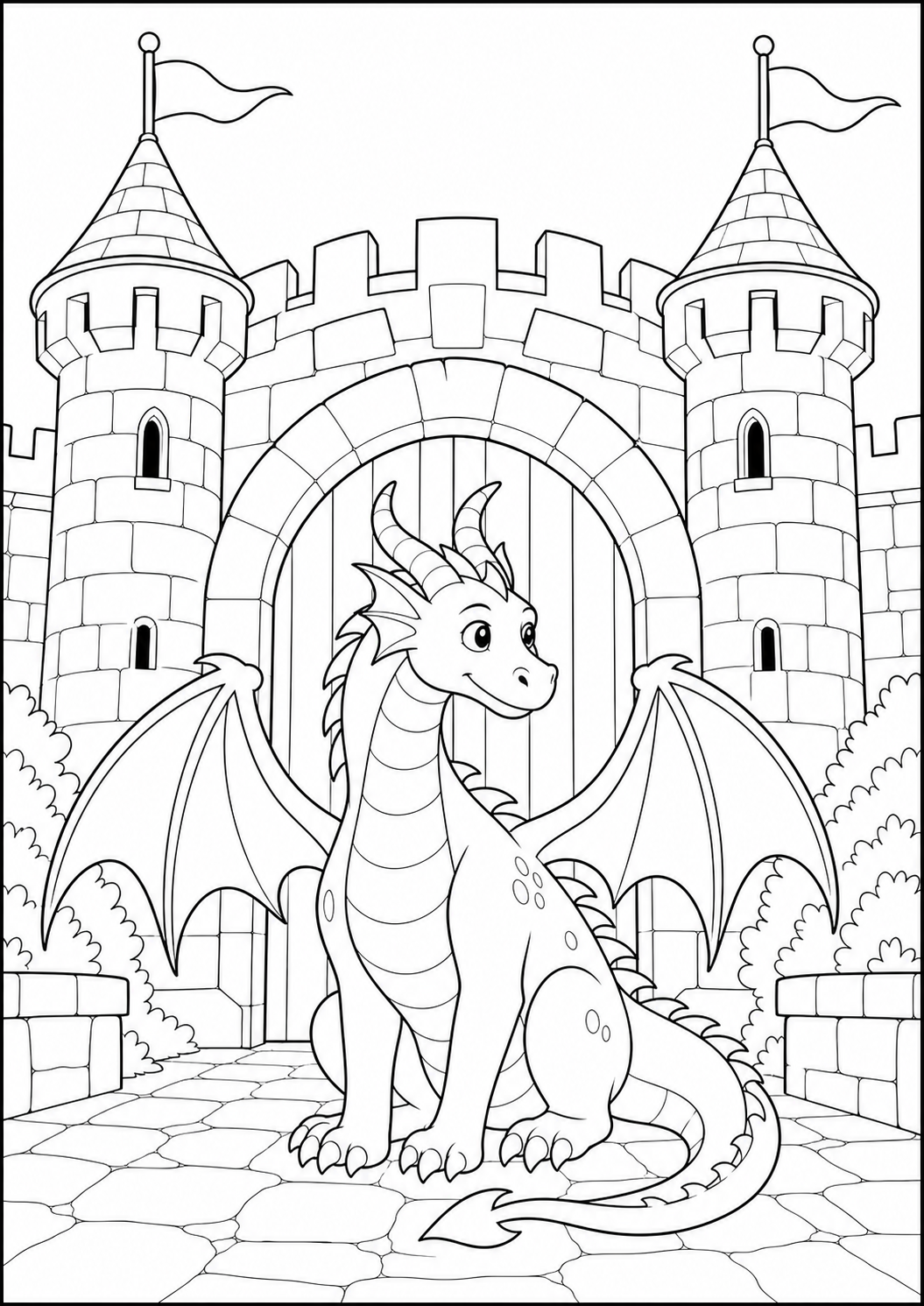 dragon castle gate printable dragon coloring page for kids ages 9-10