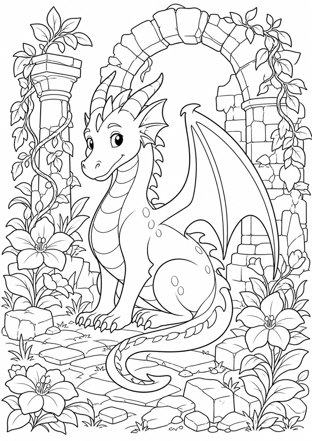 dragon garden ruins printable dragon coloring page for kids ages 9-10