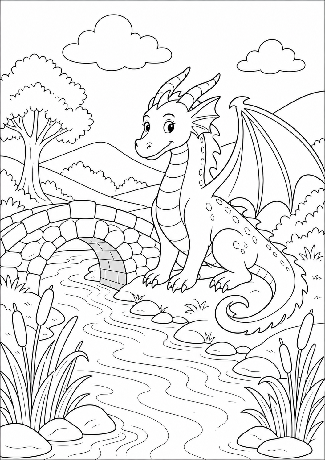 dragon river bridge printable dragon coloring page for kids ages 9-10