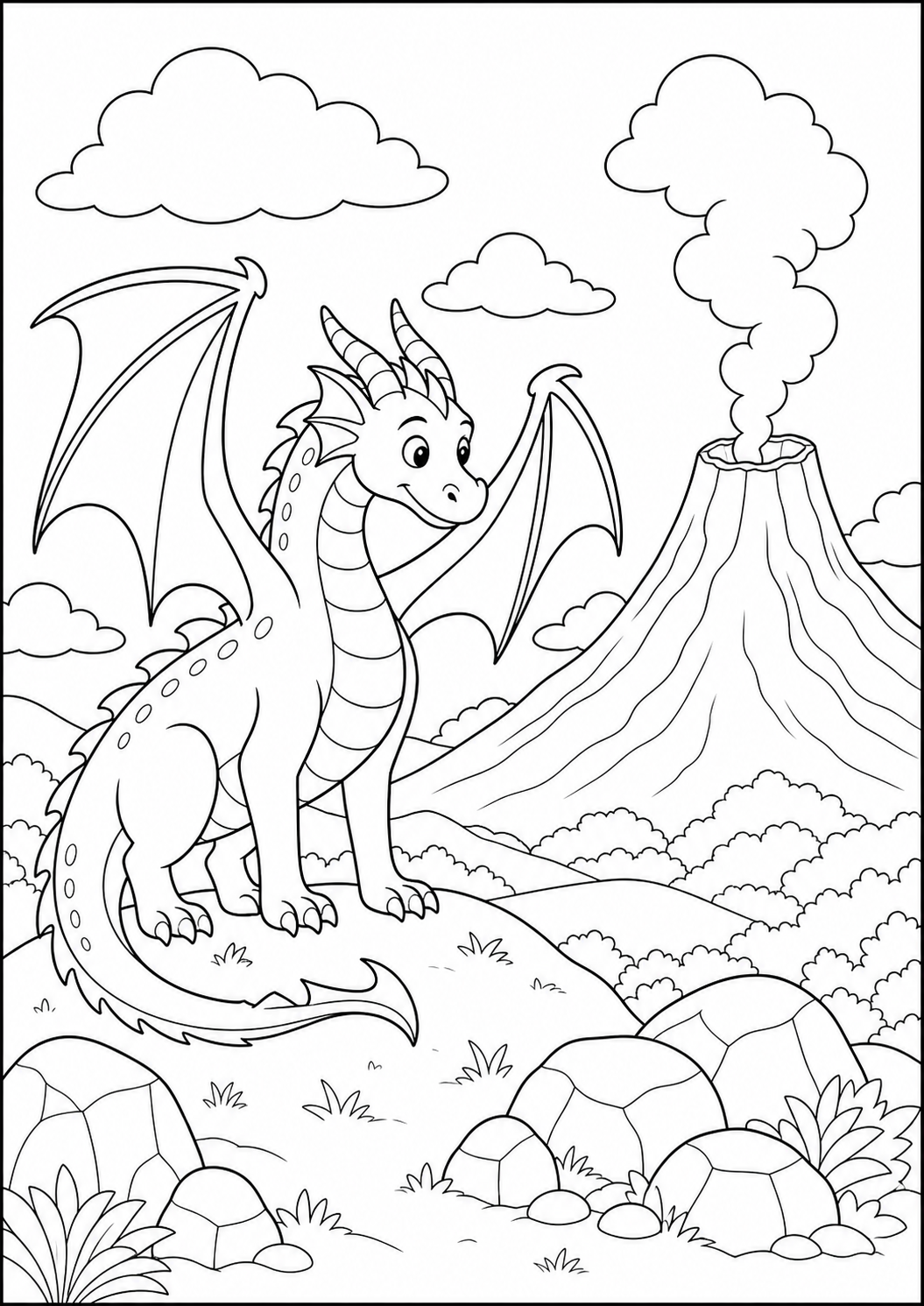 friendly dragon volcano printable dragon coloring page for kids ages 9-10