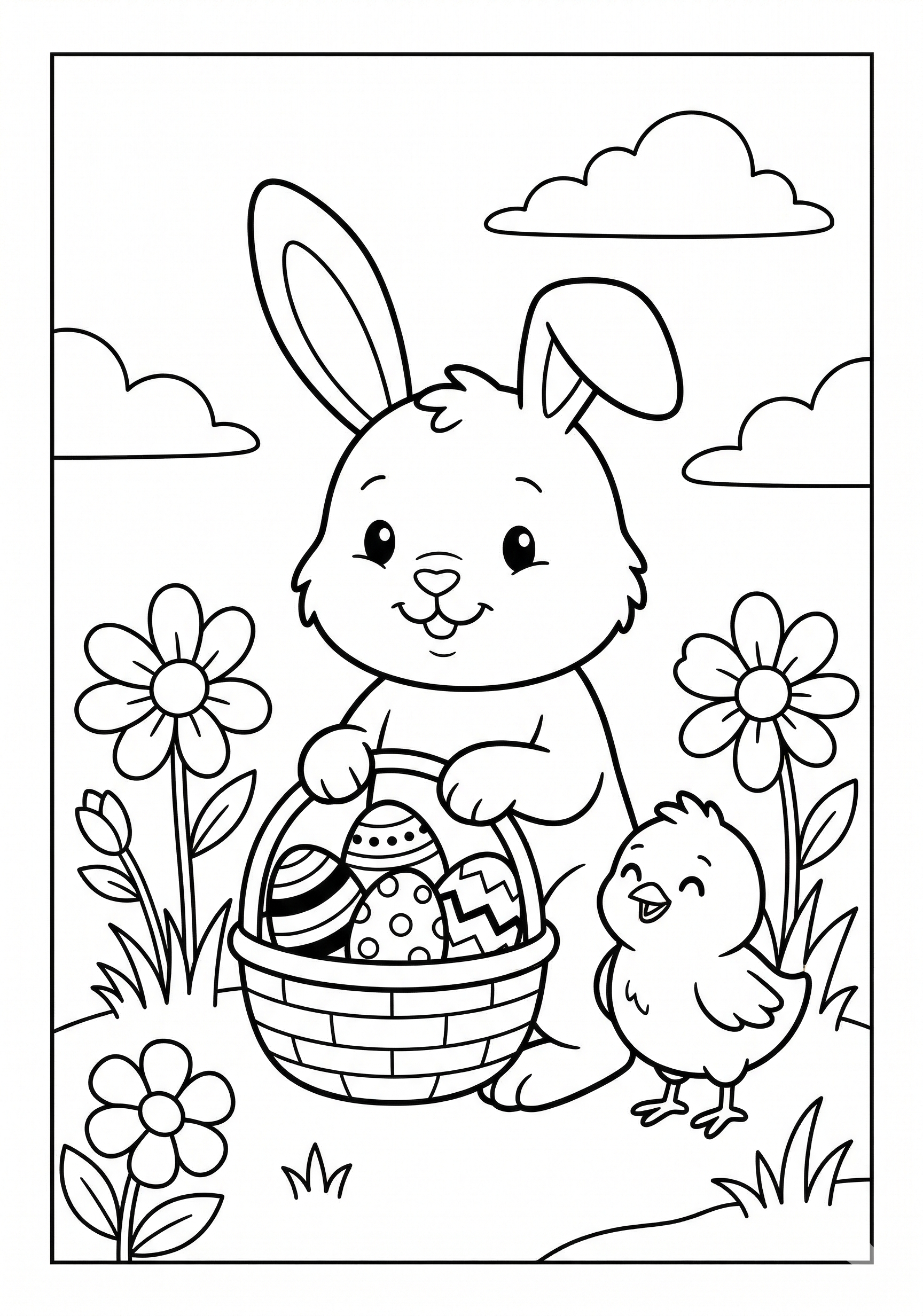 Bunny and chick with eggs Easter coloring page for kids age 6-8