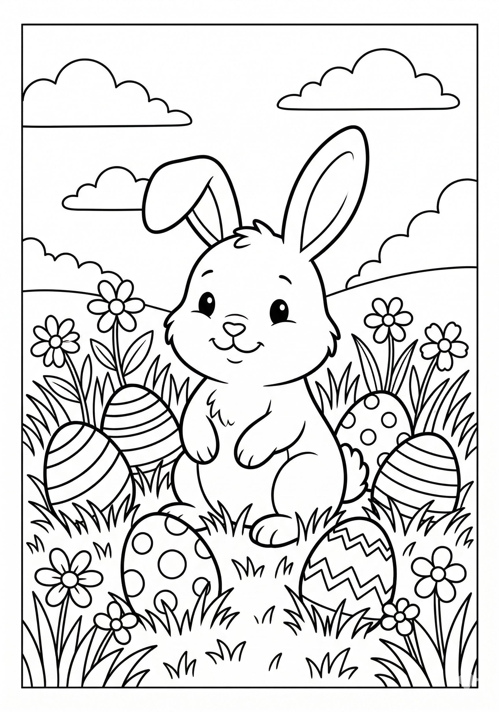 Bunny sitting in grass with decorated eggs Easter coloring page for kids age 6-8