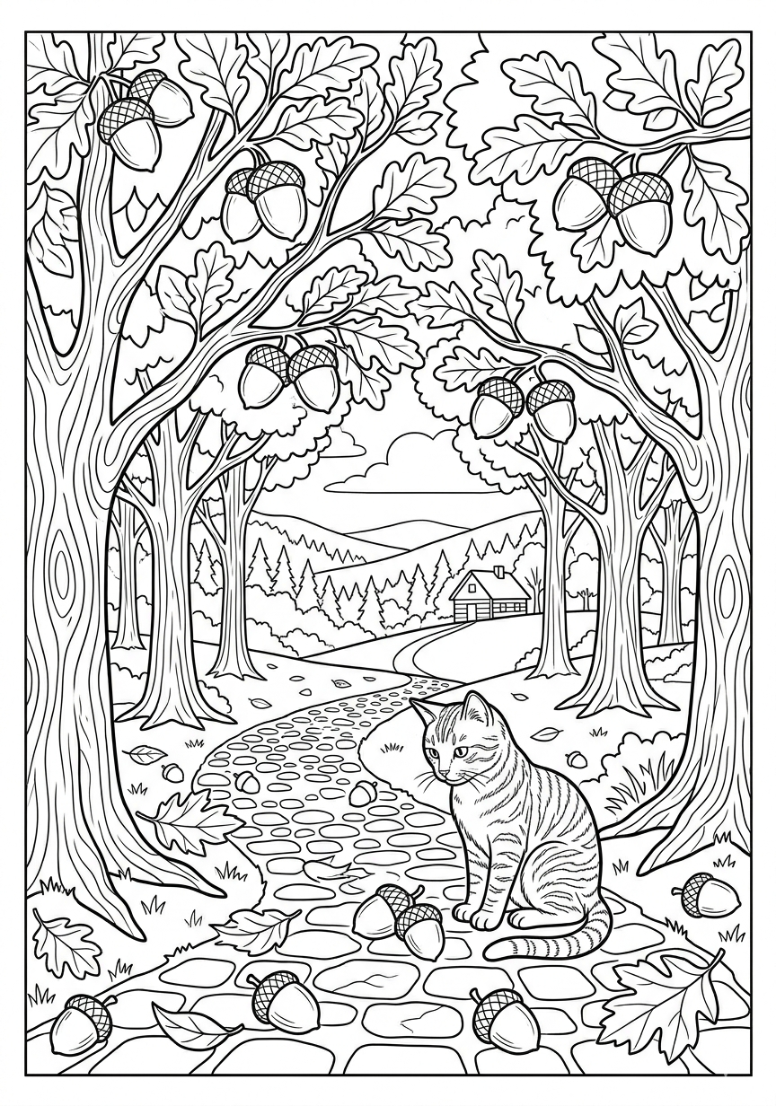 Fall acorn grove path coloring page for kids age 9-10