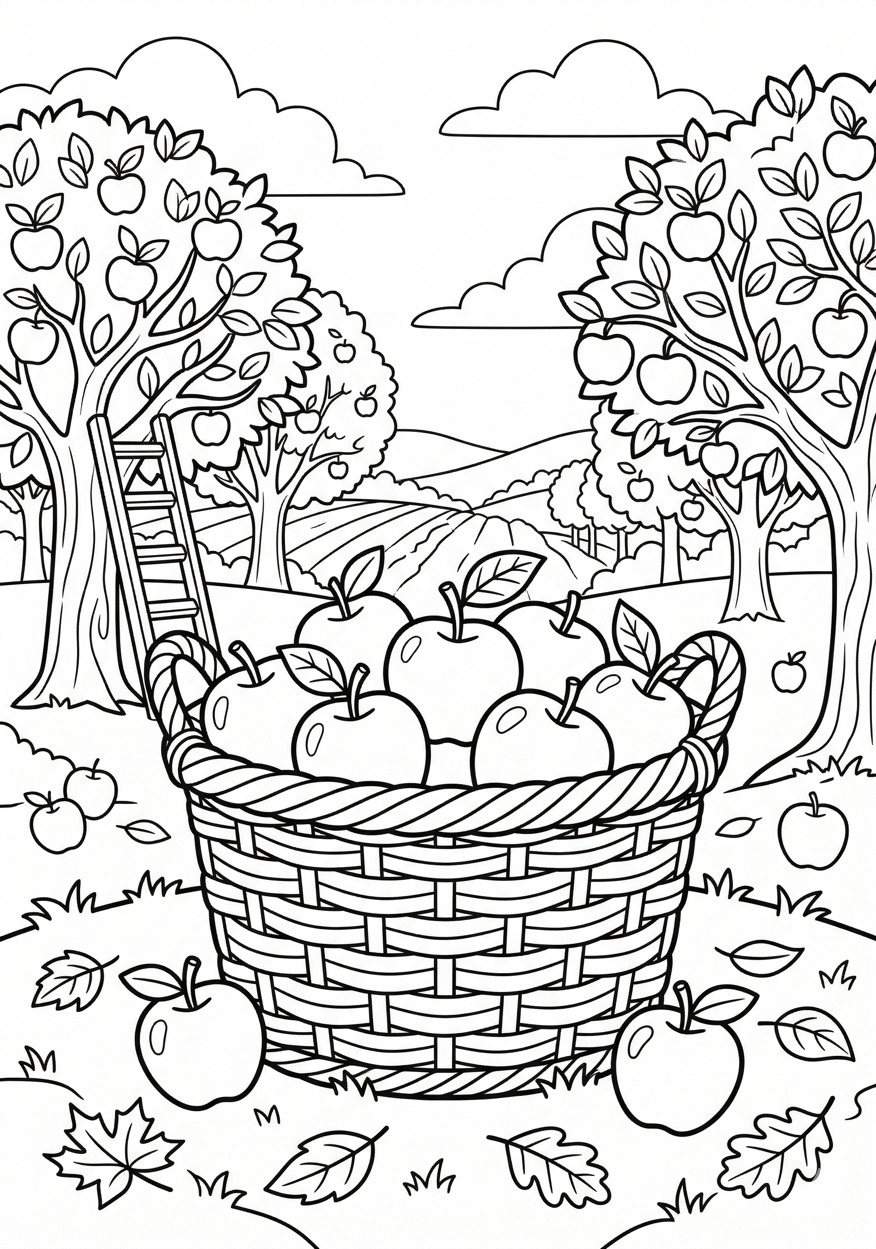 Fall apple orchard basket coloring page for kids age 6-8