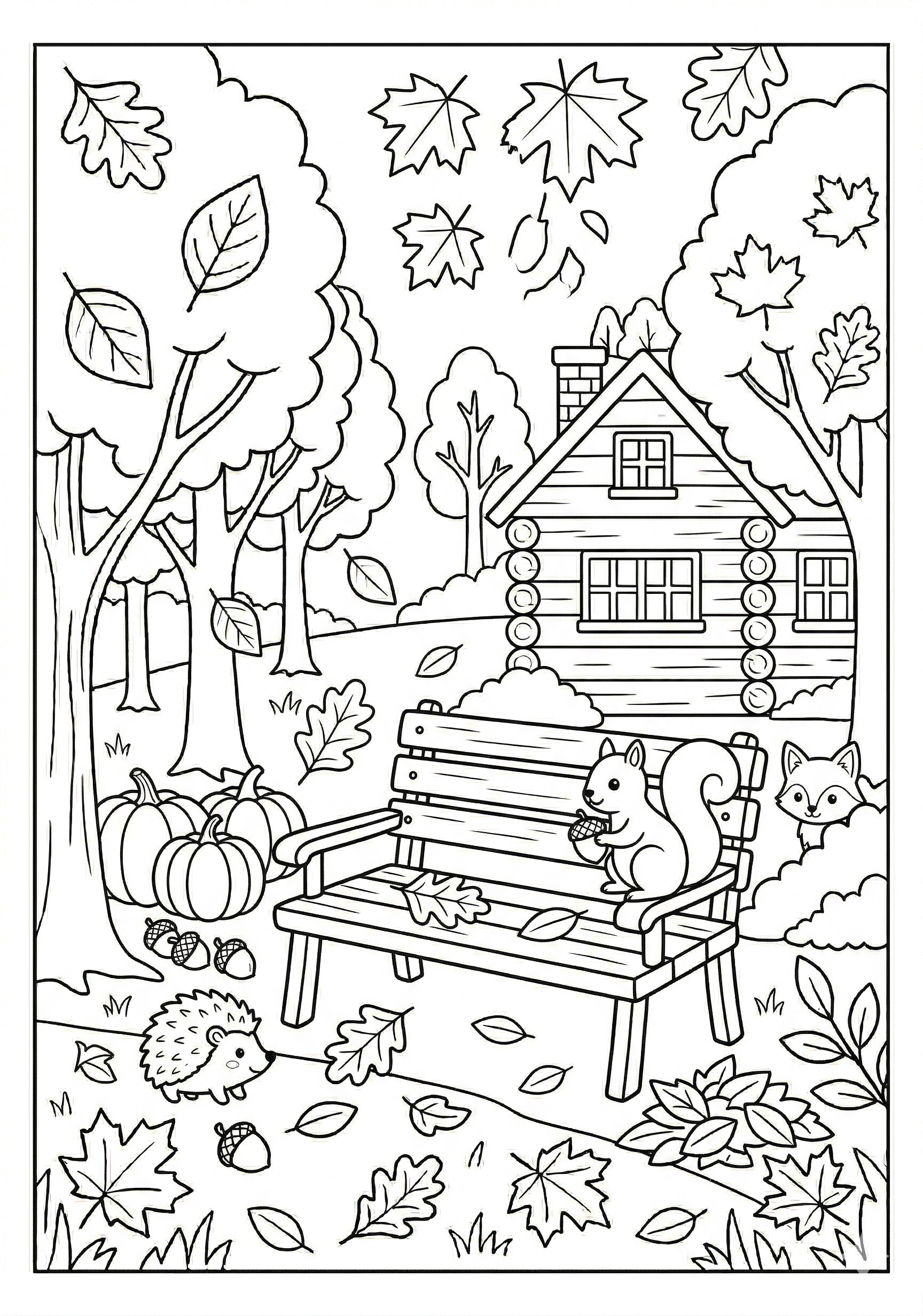 Fall autumn park bench coloring page for kids age 6-8