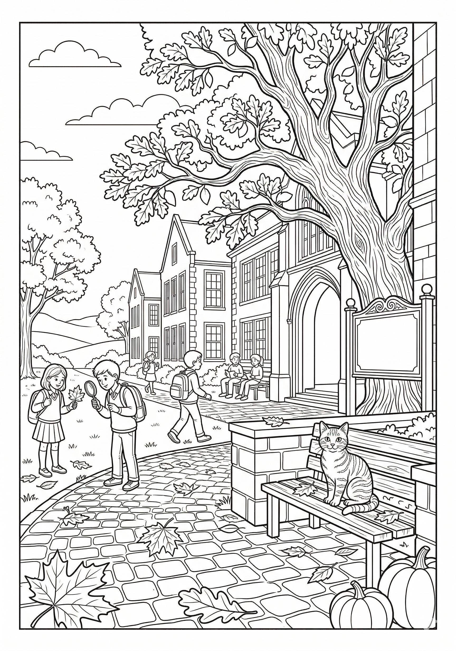 Fall autumn school courtyard coloring page for kids age 9-10