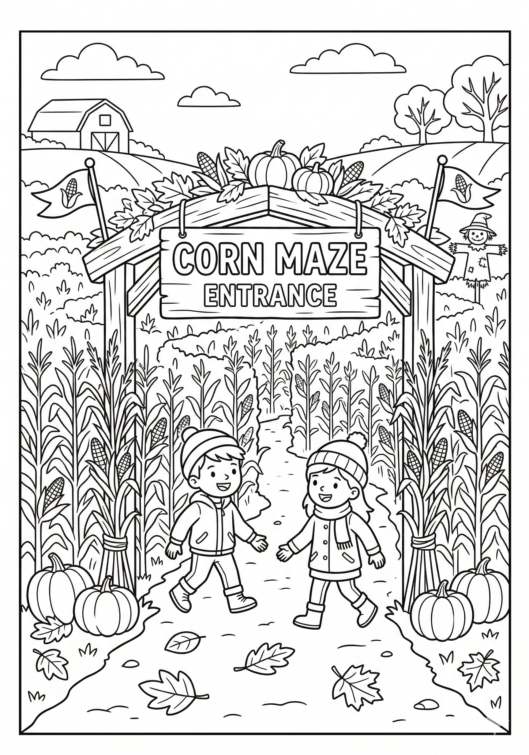 Fall corn maze entrance coloring page for kids age 6-8