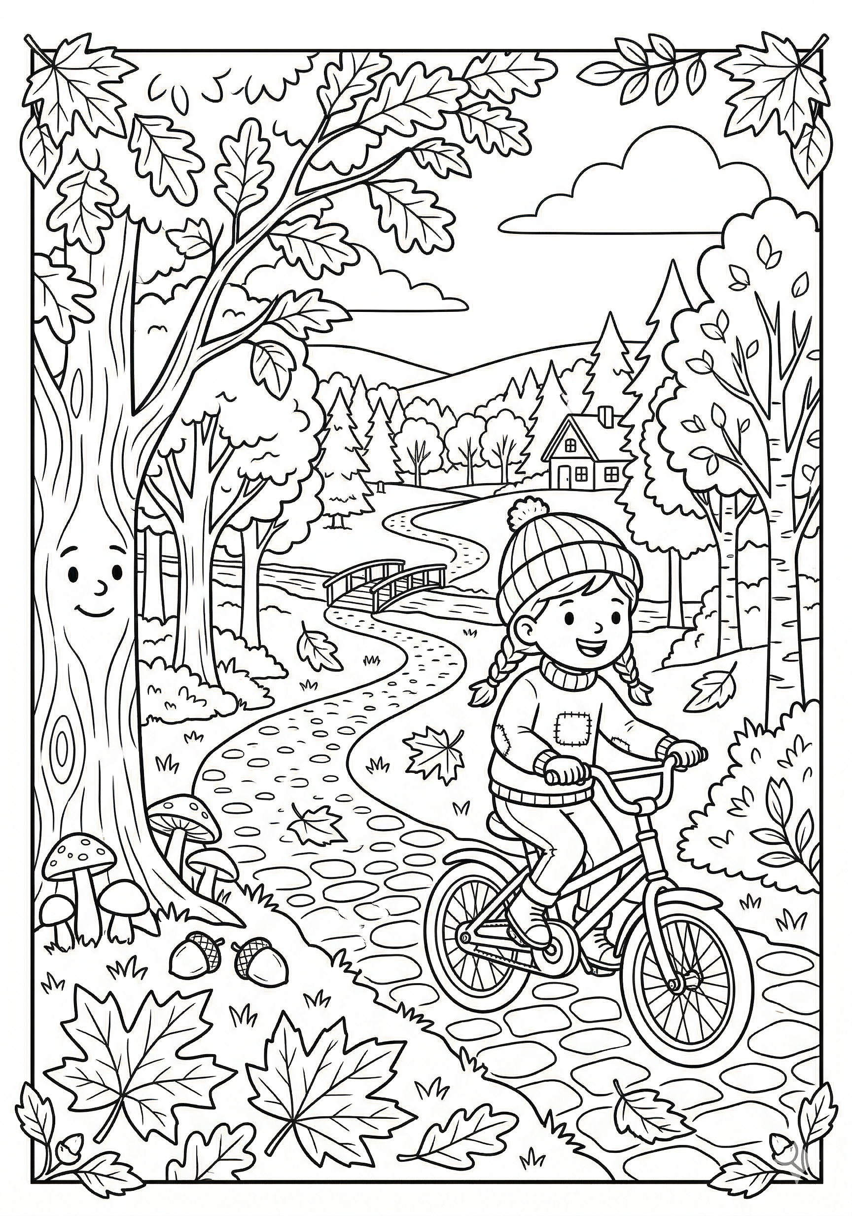 Fall fall bike ride coloring page for kids age 6-8