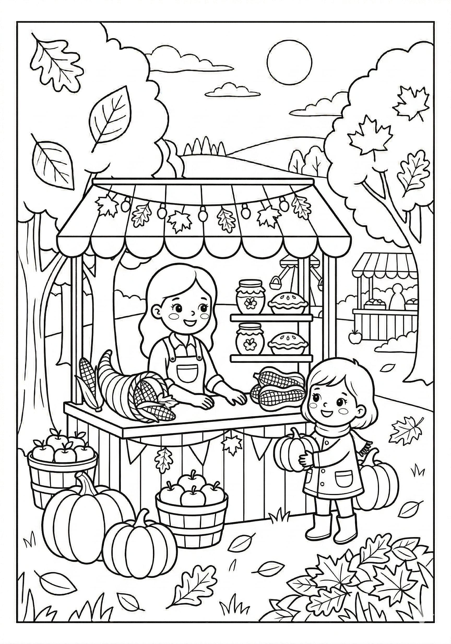 Fall fall festival booth coloring page for kids age 6-8