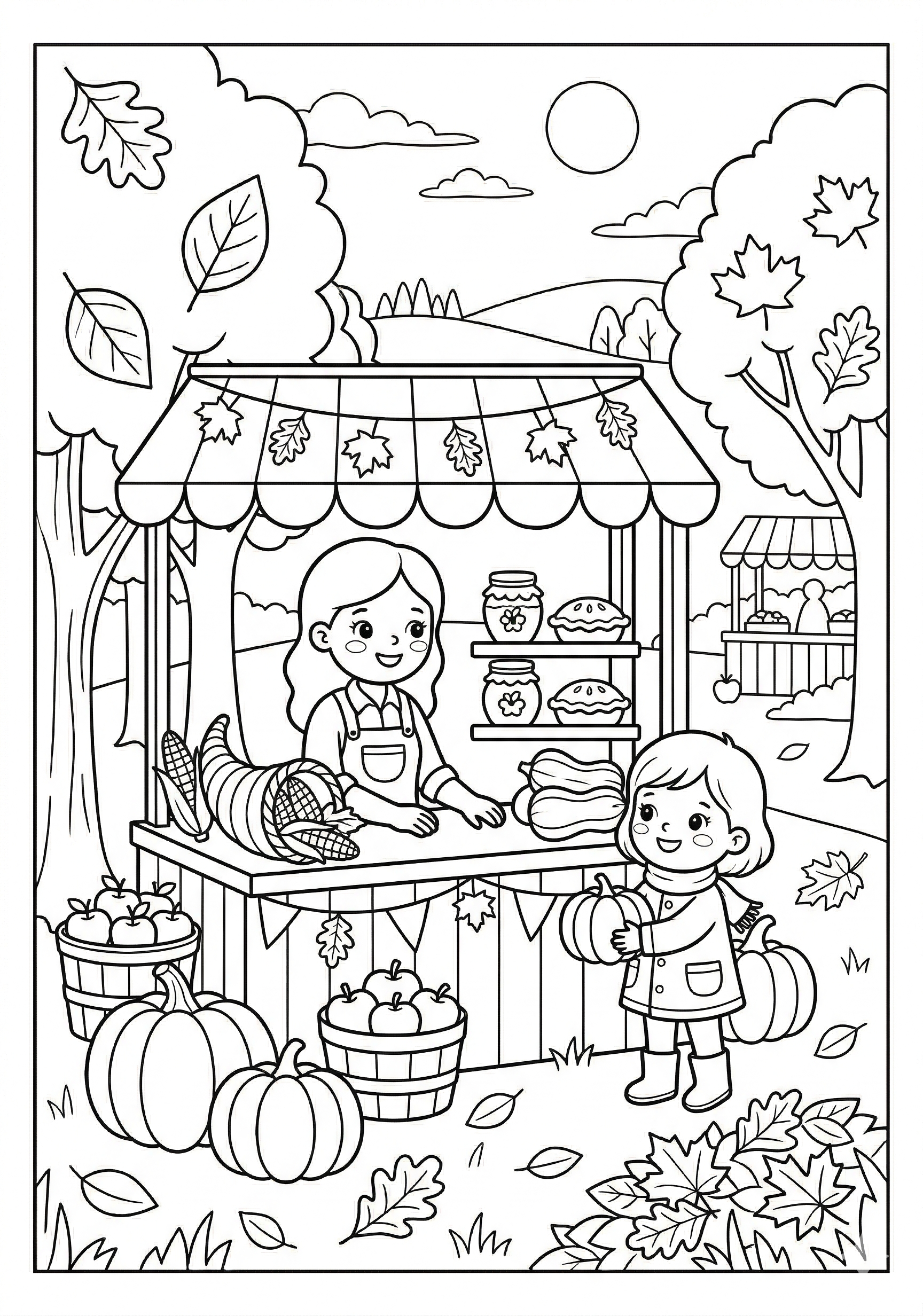 Fall farmer market stall coloring page for kids age 6-8