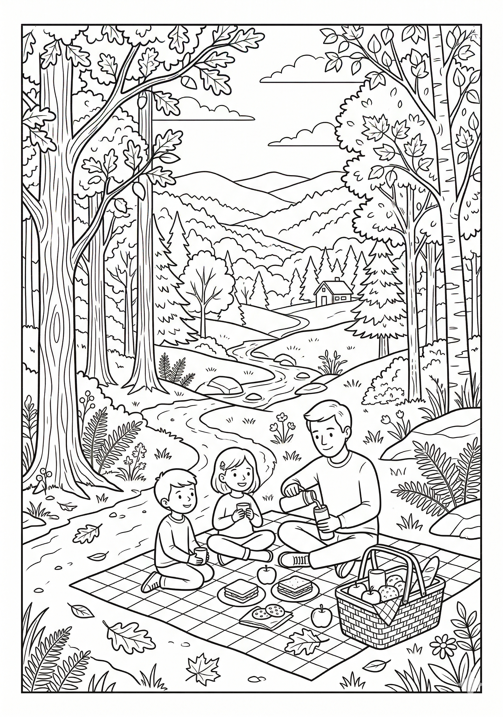 Fall forest picnic spot coloring page for kids age 9-10