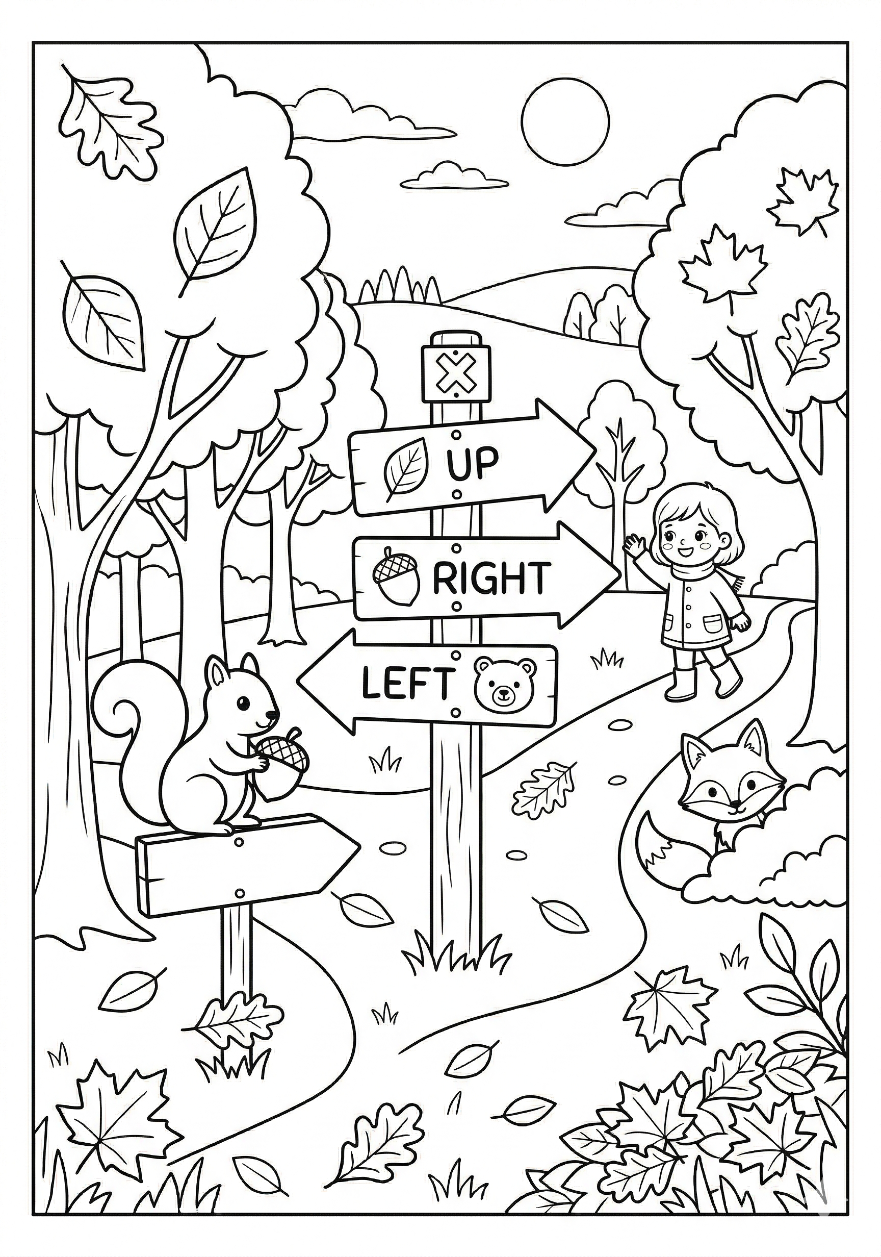 Fall forest trail signs coloring page for kids age 6-8