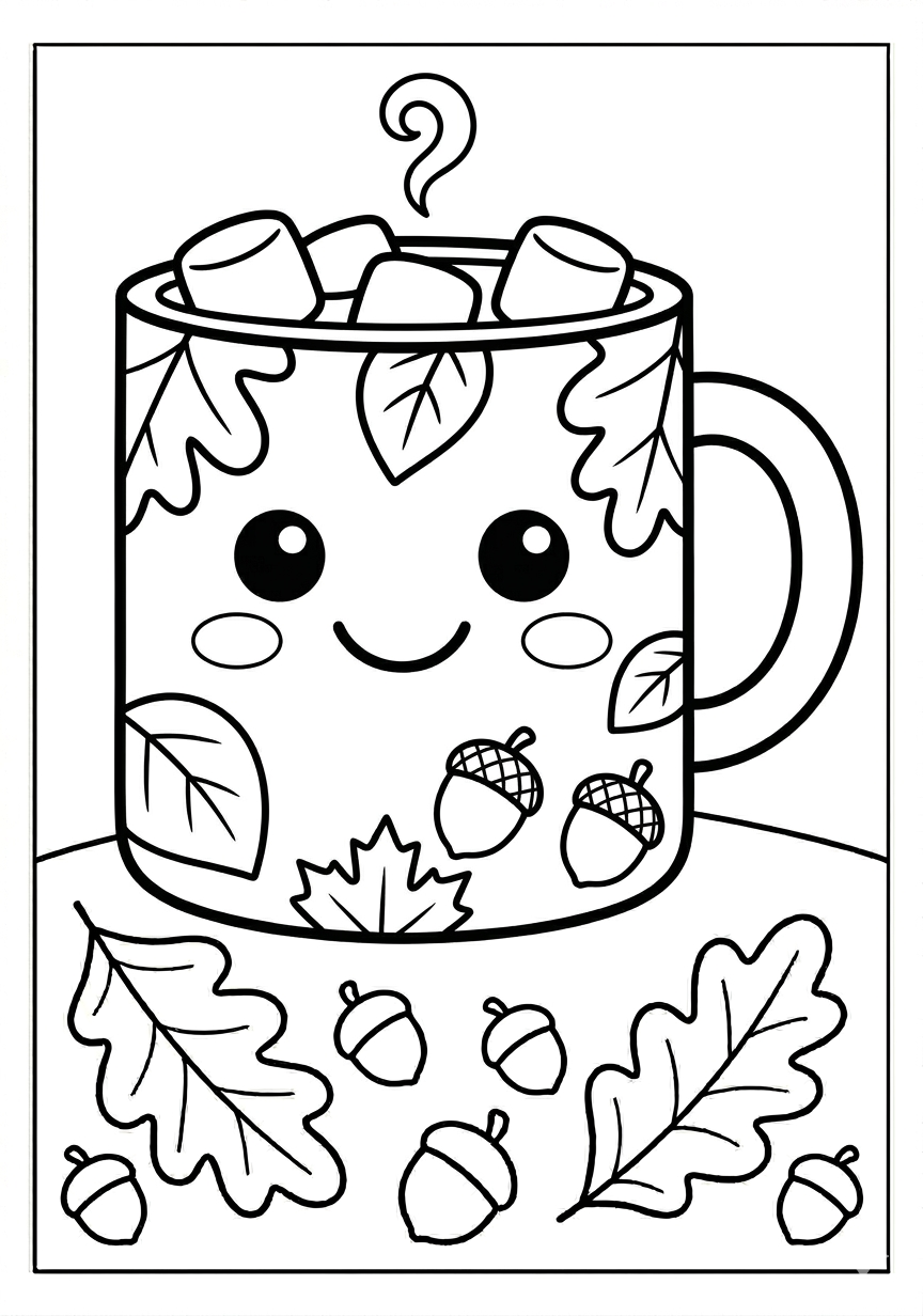 Fall hot cocoa mug coloring page for kids age 3-5