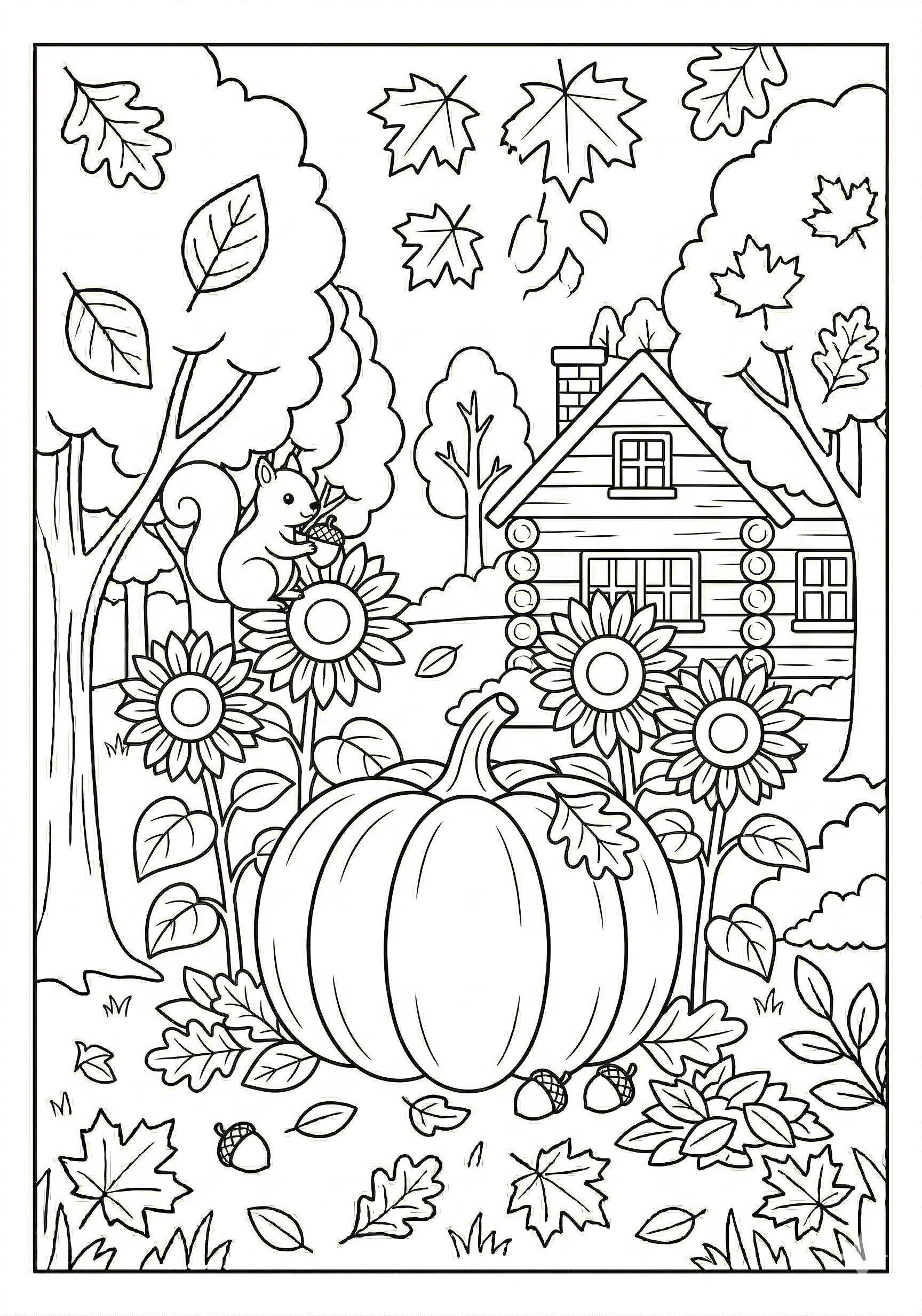 Fall pumpkin and sunflowers coloring page for kids age 6-8