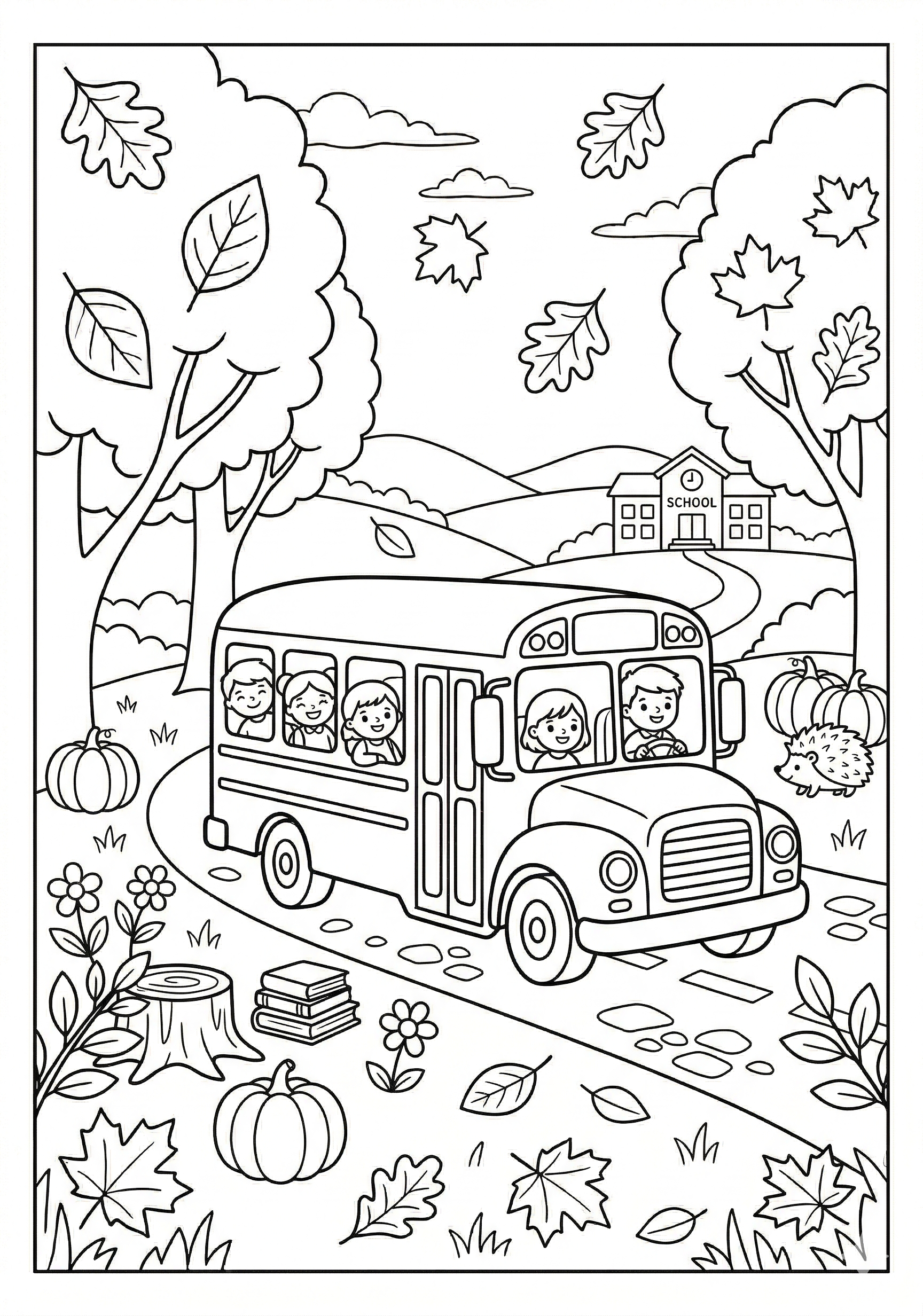 Fall school bus in autumn coloring page for kids age 6-8
