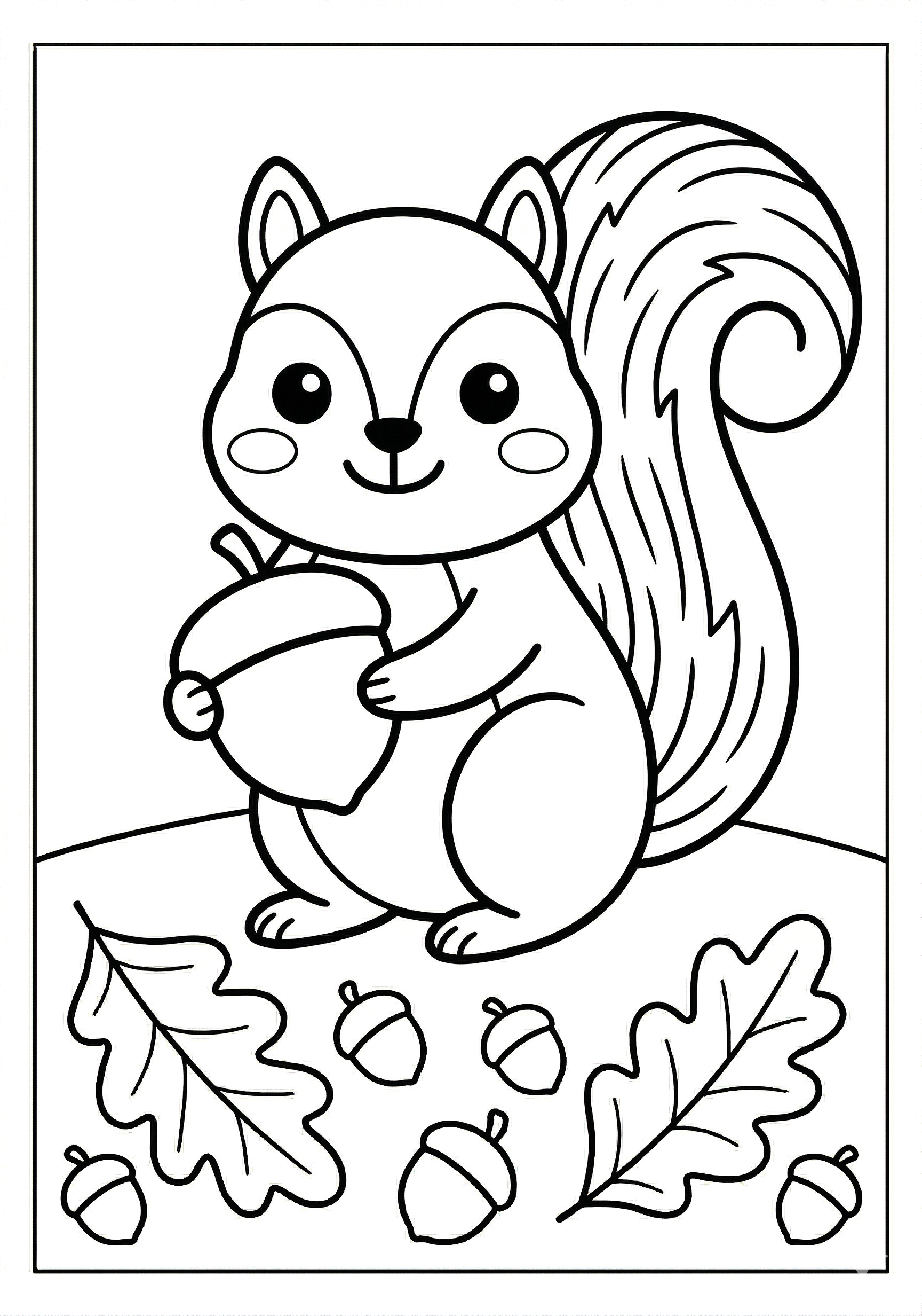 Fall squirrel with acorn coloring page for kids age 3-5