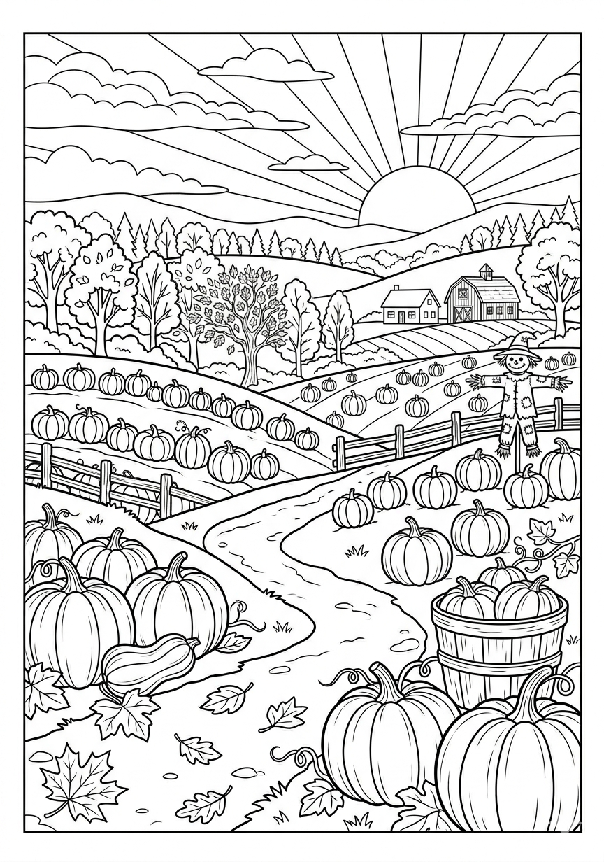 Fall sunset in pumpkin farm coloring page for kids age 9-10