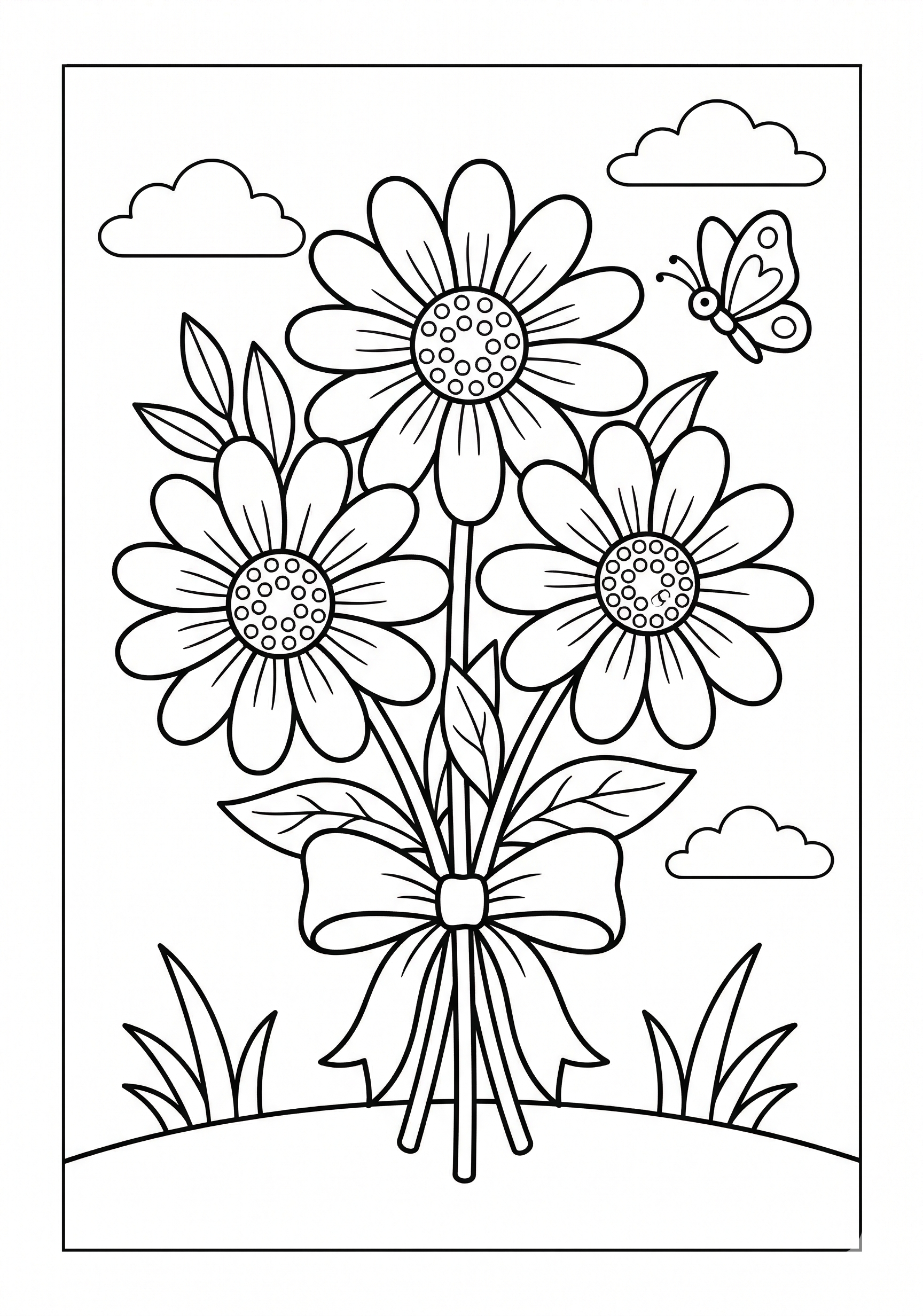 Daisy bouquet flower coloring page for kids age 6-8