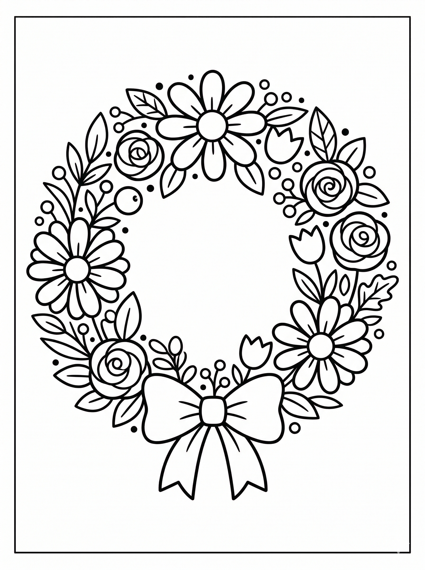 Simple flower wreath flower coloring page for kids age 6-8