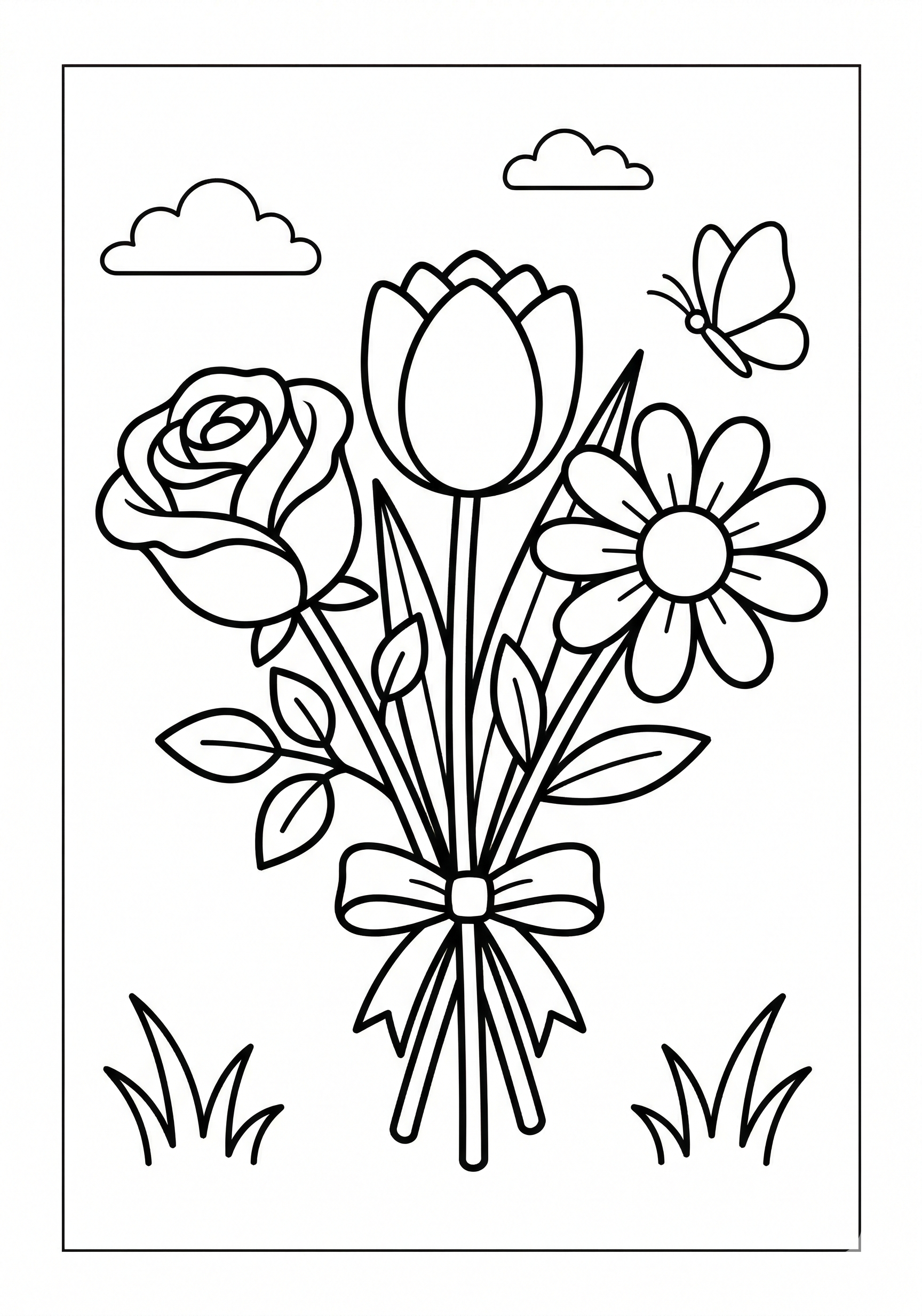 Rose tulip and daisy flower coloring page for kids age 6-8