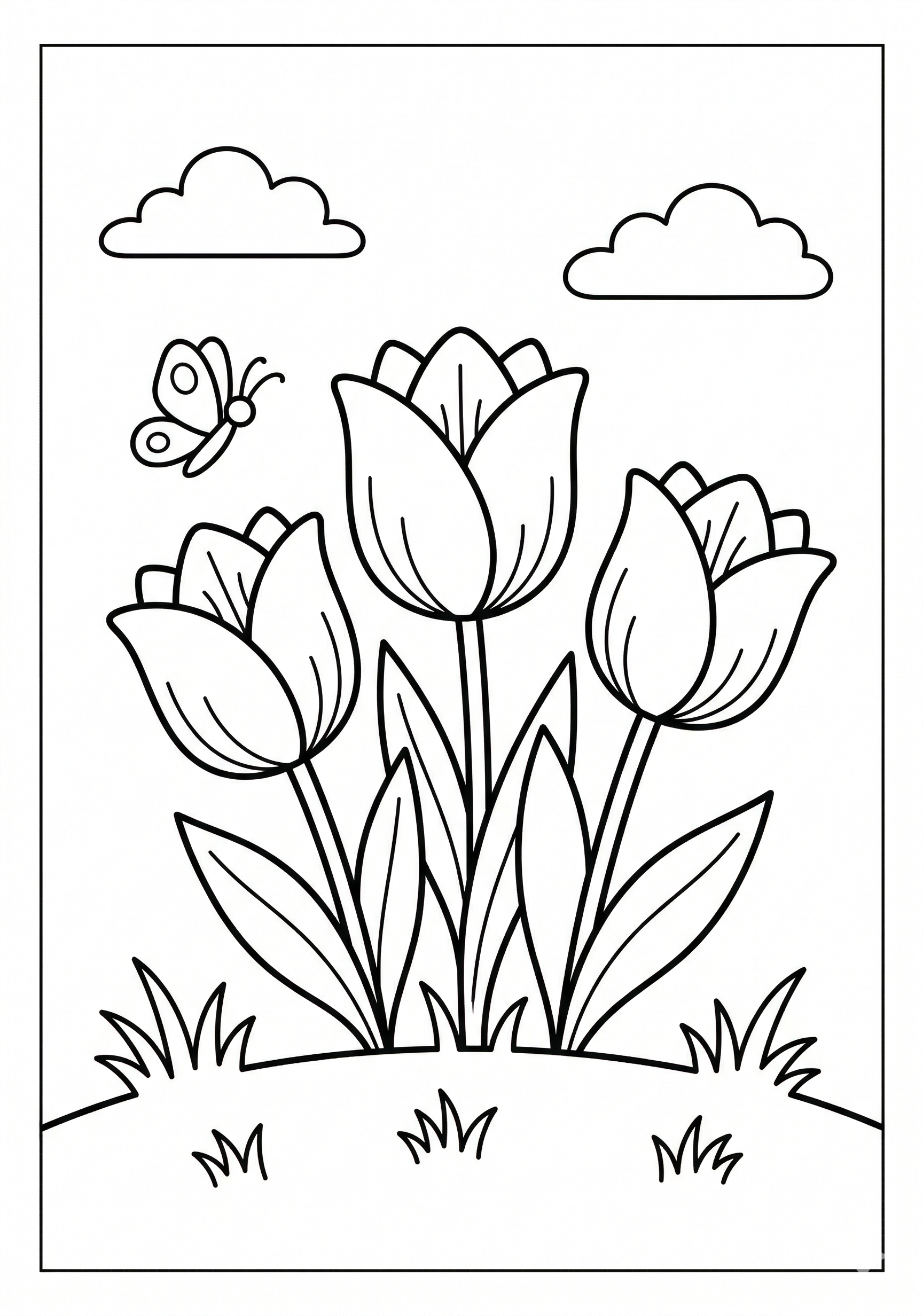 Three tulips flower coloring page for kids age 6-8