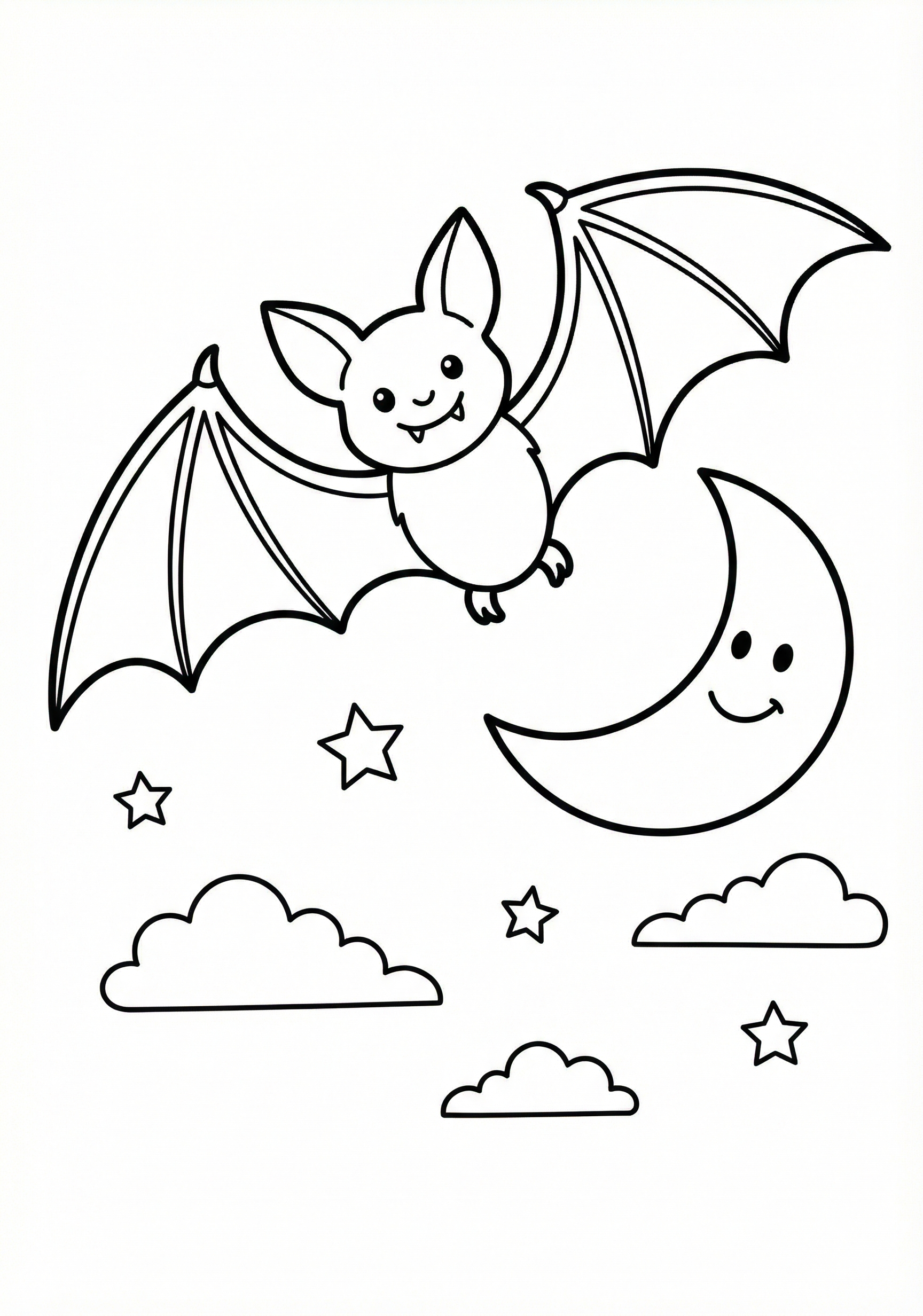 Bat and moon Halloween coloring page for kids age 6-8