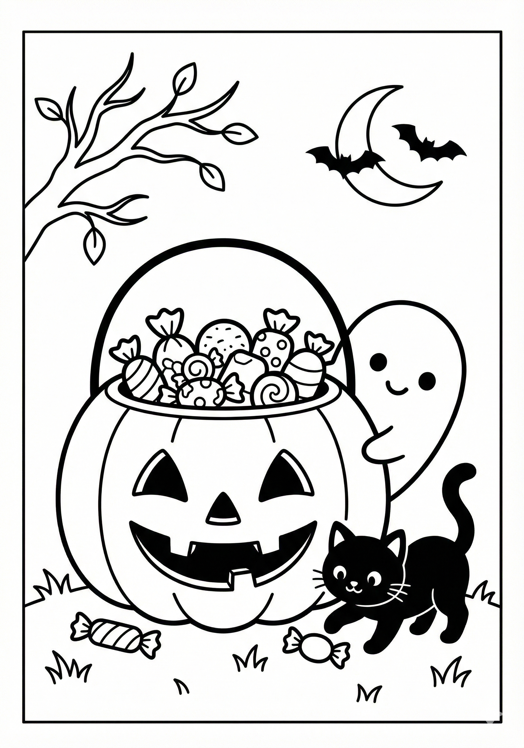 Candy bucket scene Halloween coloring page for kids age 6-8
