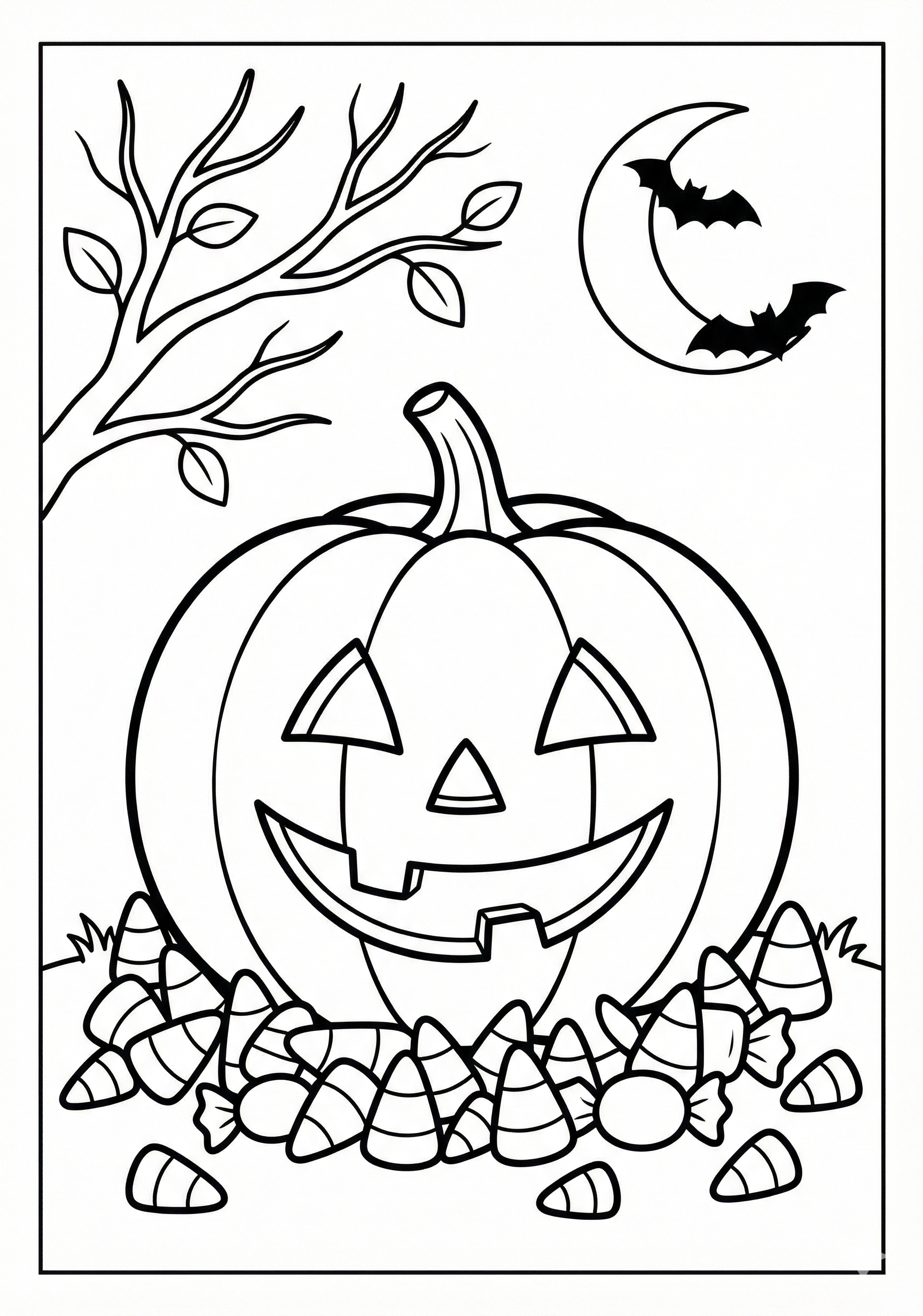 Candy corn and pumpkin Halloween coloring page for kids age 6-8