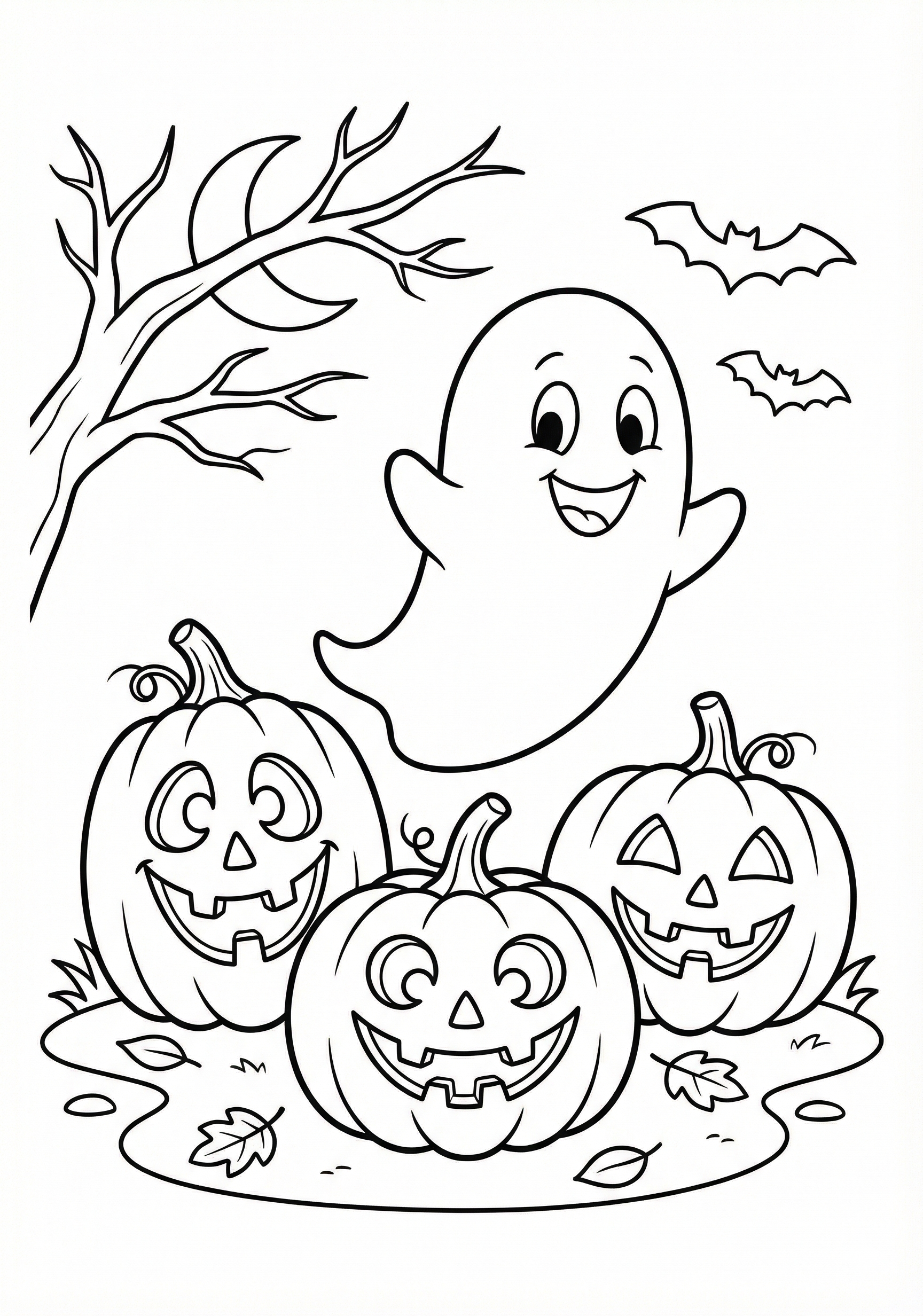 Jack-o'-lanterns and ghost Halloween coloring page for kids age 6-8