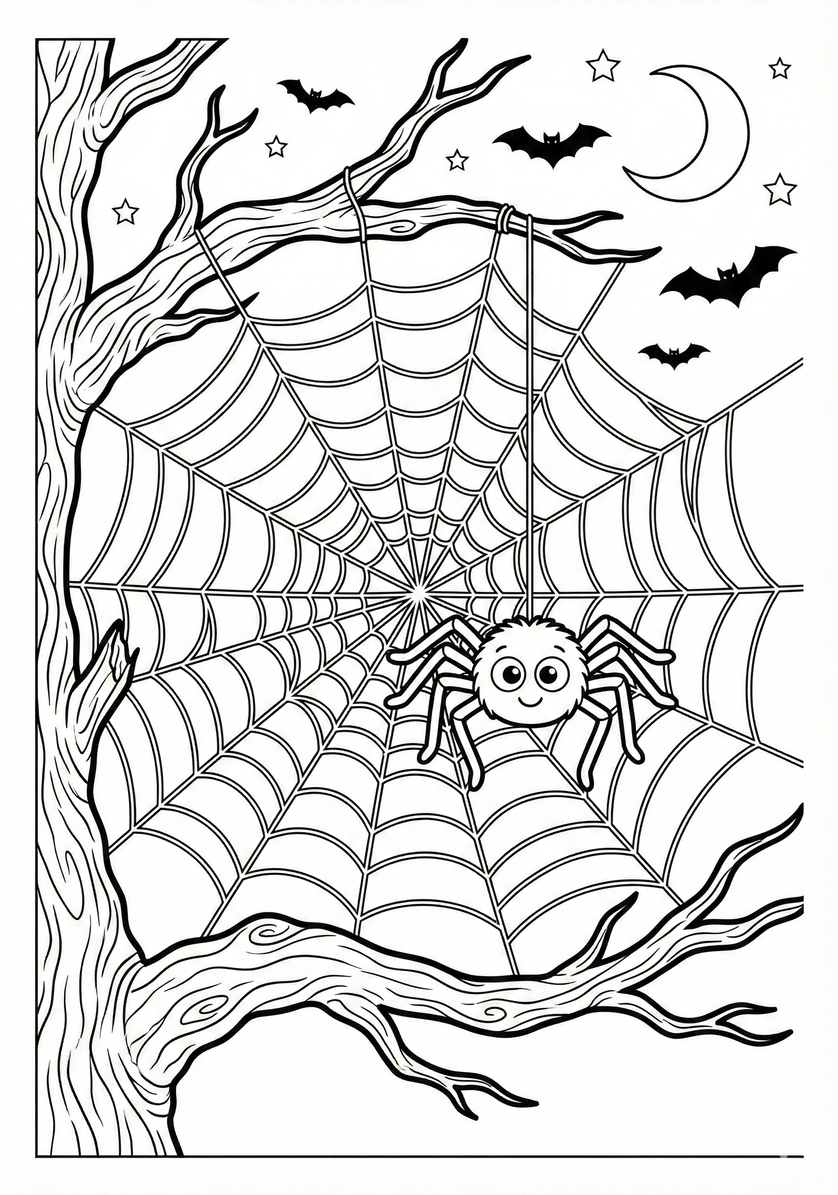 Spider web and spider Halloween coloring page for kids age 6-8